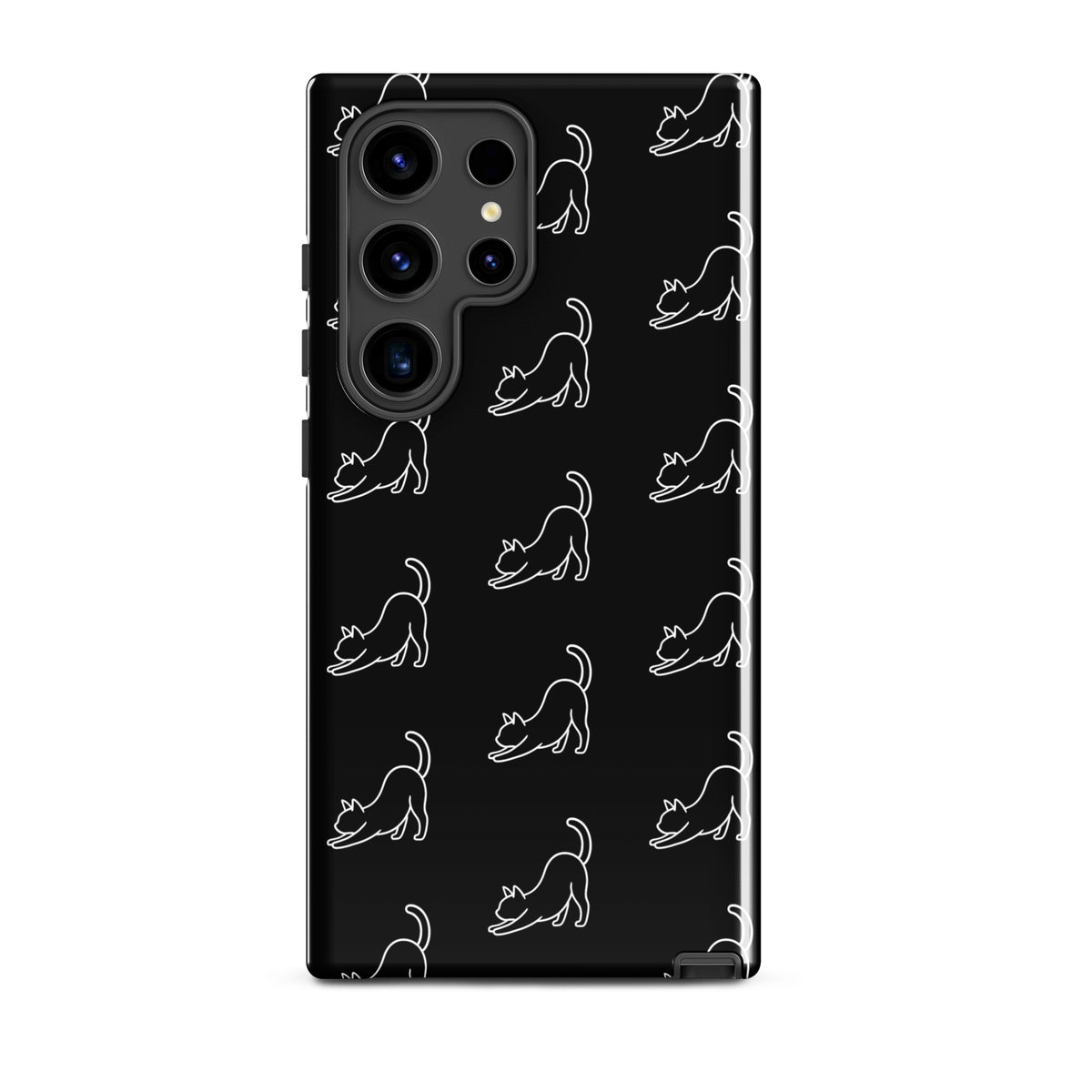 Phone Case for Samsung Galaxy with minimalist stretching cat pattern in black and white, perfect for cat lovers.