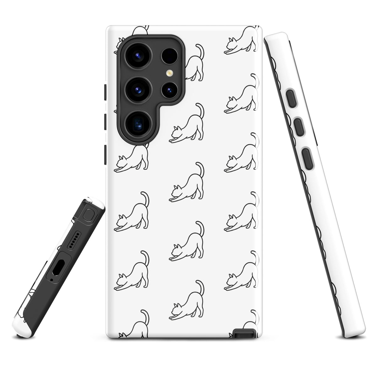 Phone Case for Samsung Galaxy with minimalist stretching cat pattern in black and white, offering style and protection for modern cat lovers.