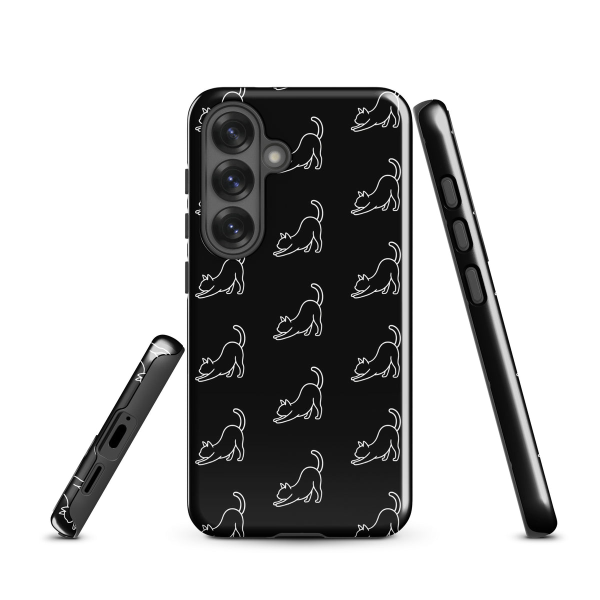 Phone Case for Samsung Galaxy with minimalist stretching cat pattern in black and white, perfect for stylish cat lovers.