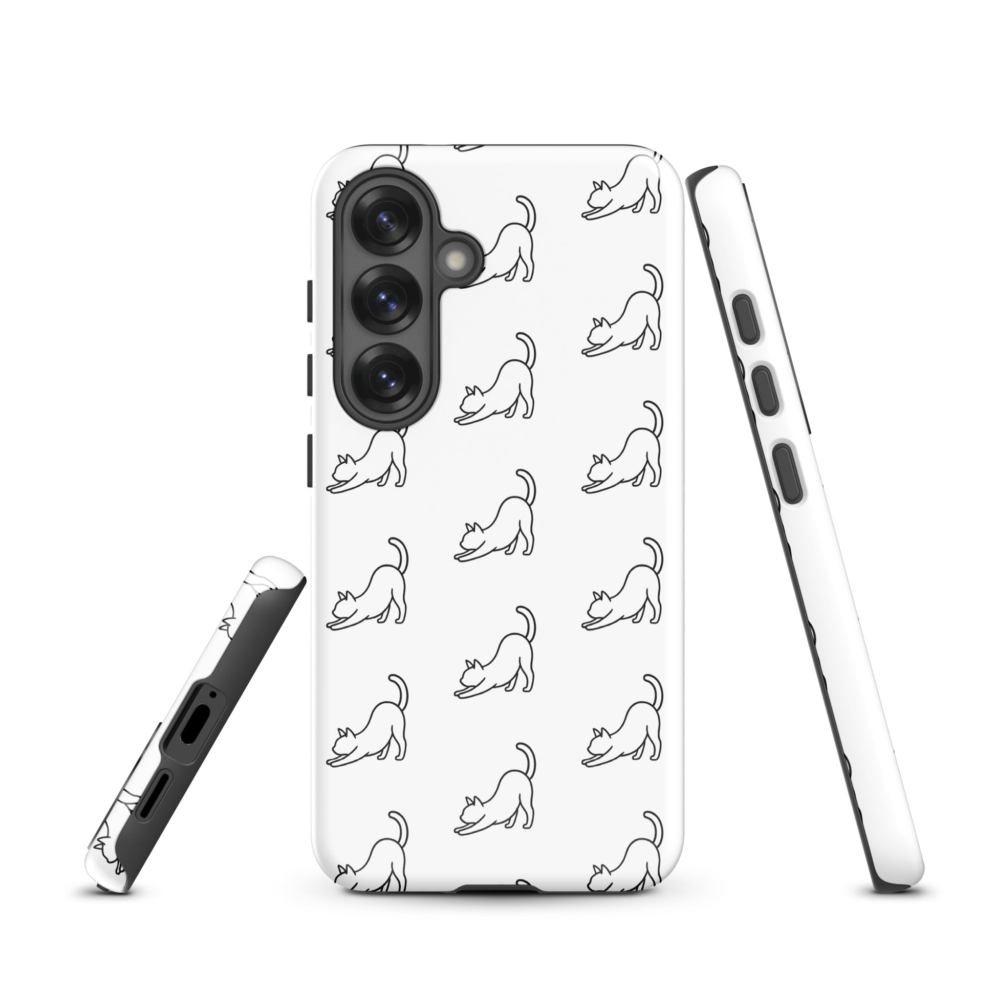 Phone Case for Samsung Galaxy featuring minimalist stretching cat pattern in white and black design for cat lovers.