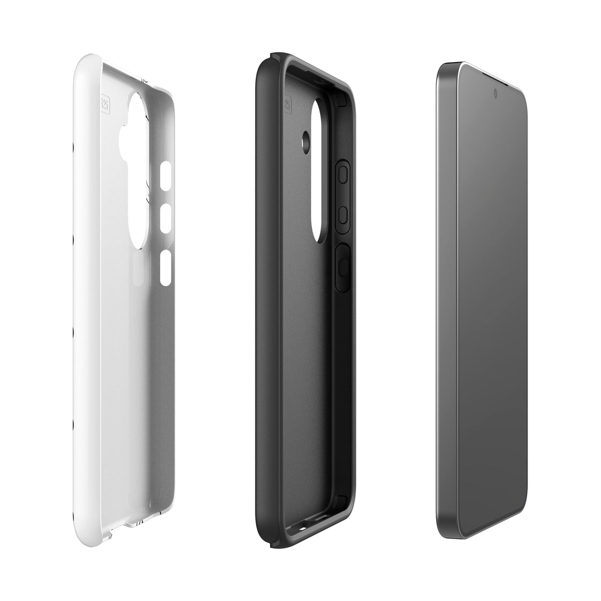 Phone Case for Samsung Galaxy with a minimalist stretching cat pattern in white and black, offering both style and protection.