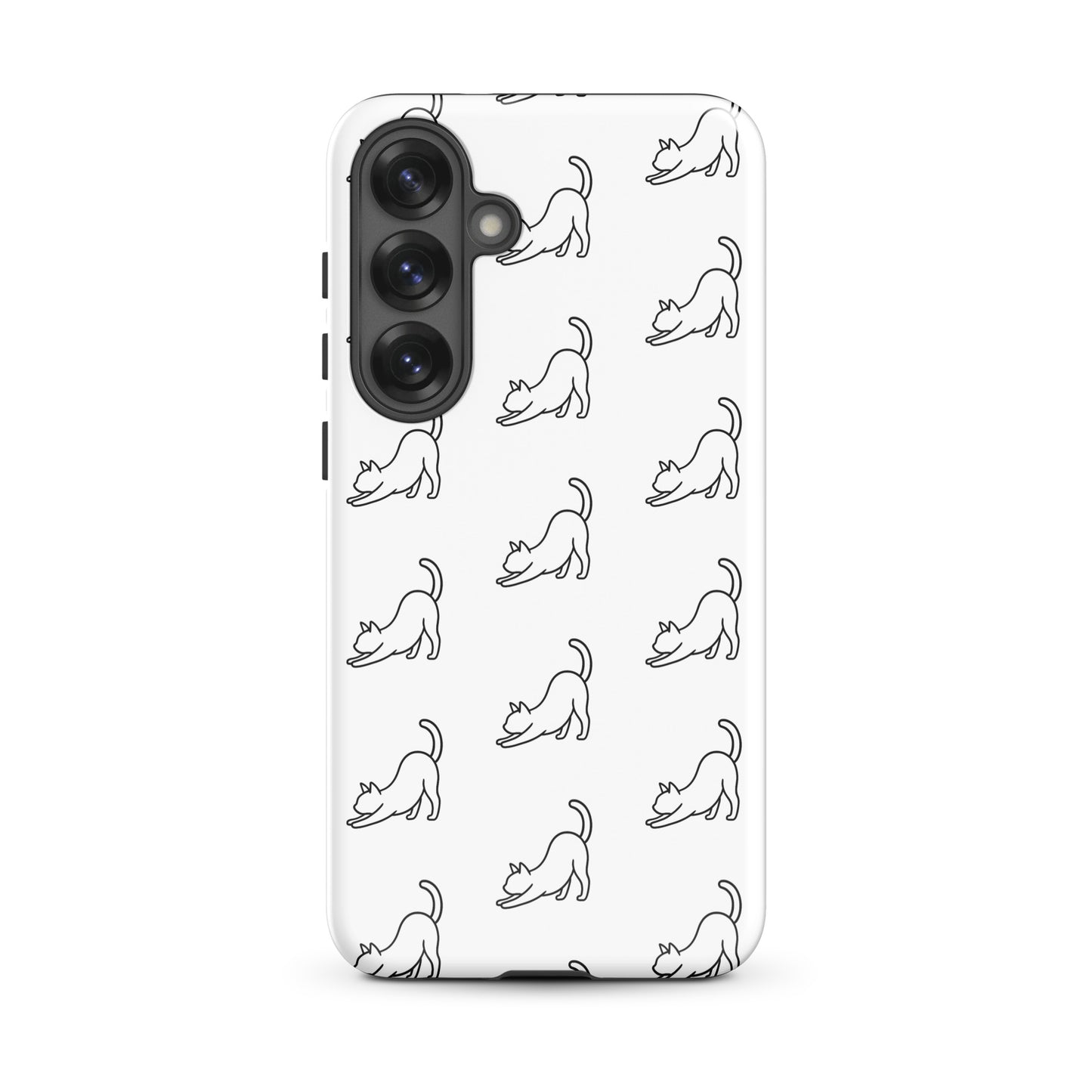 Phone Case for Samsung Galaxy with minimalist stretching cat pattern in black on white background, perfect for cat lovers.