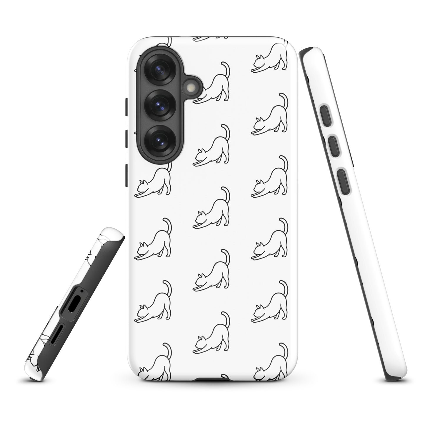 Phone Case for Samsung Galaxy with minimalist stretching cat pattern in white and black, designed for cat lovers seeking style and protection.