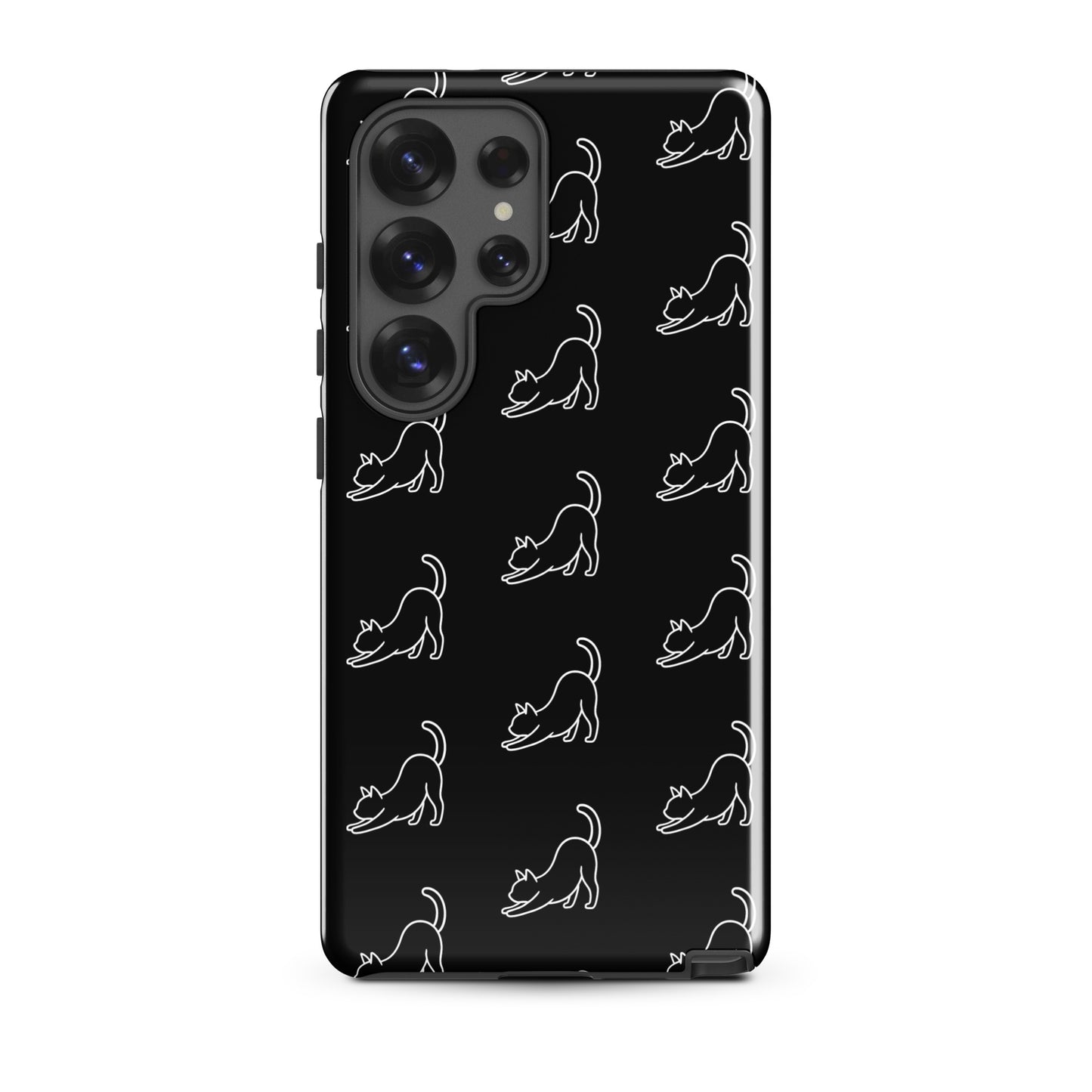 Phone Case for Samsung Galaxy with minimalist stretching cat pattern in black and white, ideal for cat lovers seeking style and protection.