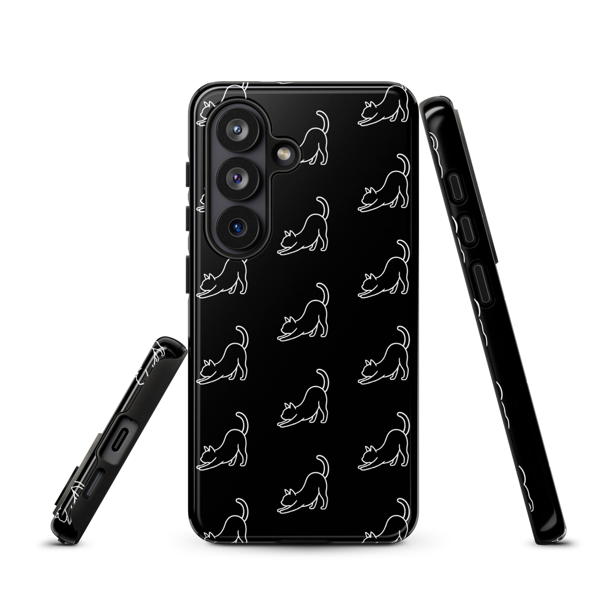 Phone Case for Samsung Galaxy with minimalist stretching cat pattern in black and white, offering style and protection.