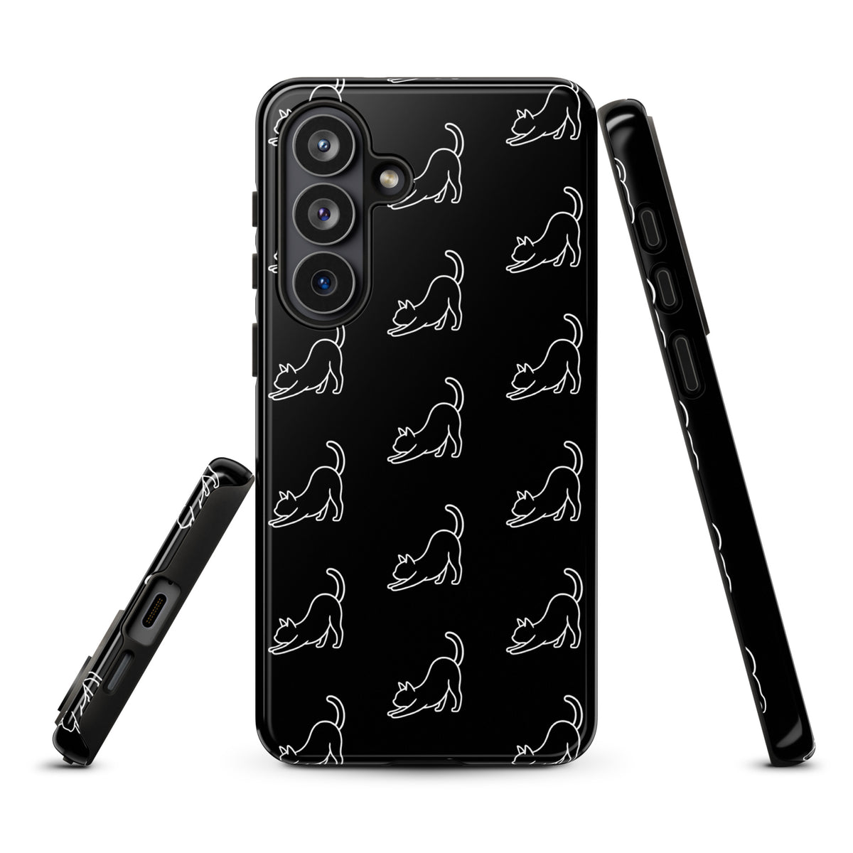 Phone Case for Samsung Galaxy with minimalist stretching cat pattern in black and white, providing stylish and protective design.