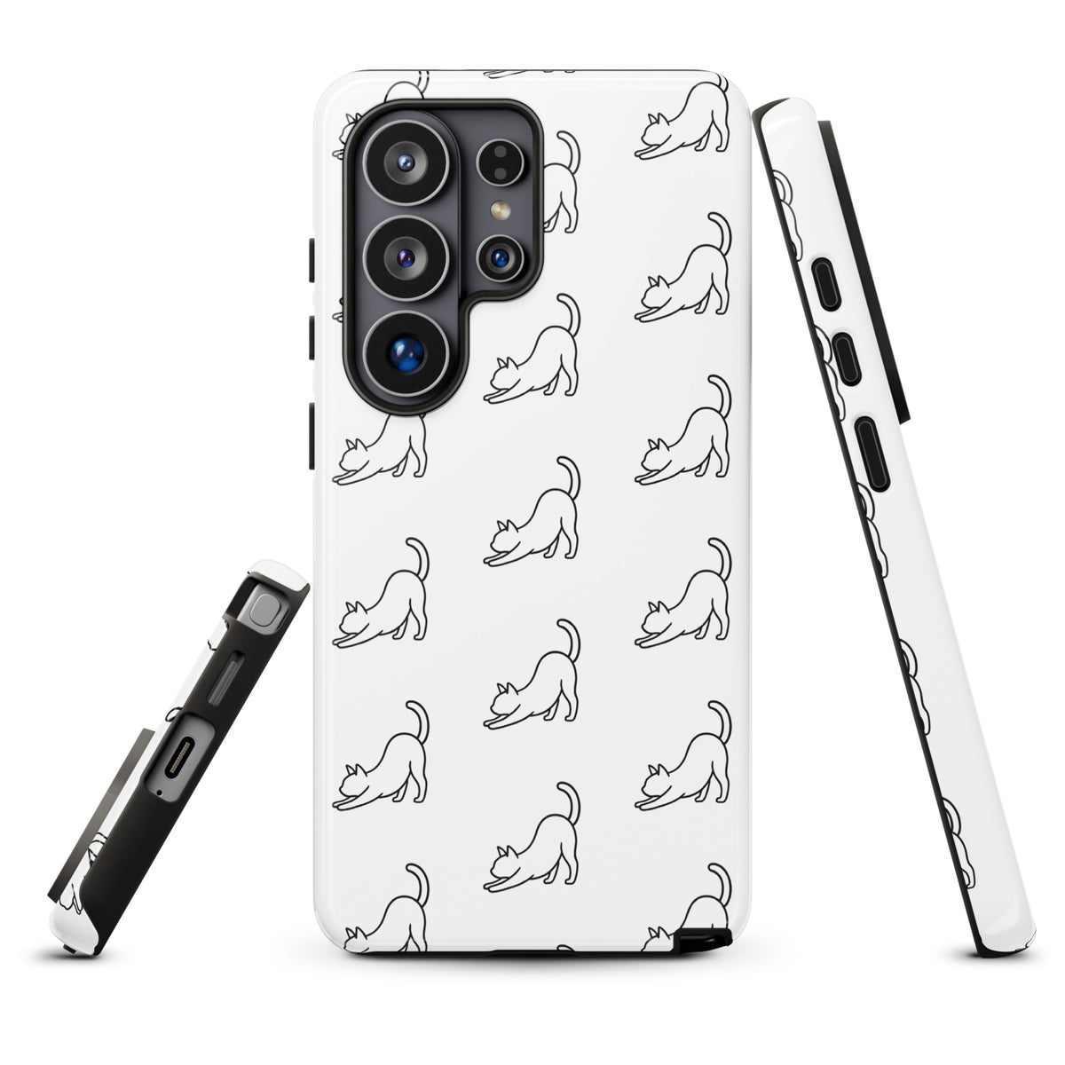 Phone Case for Samsung Galaxy with minimalist stretching cat pattern in black and white for stylish and protective design.