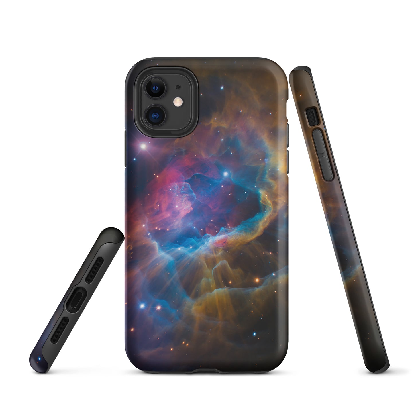 Phone Case for iPhone with Nebula Cosmic Dreamscape design featuring vibrant blues, oranges, and pinks in a starburst pattern.