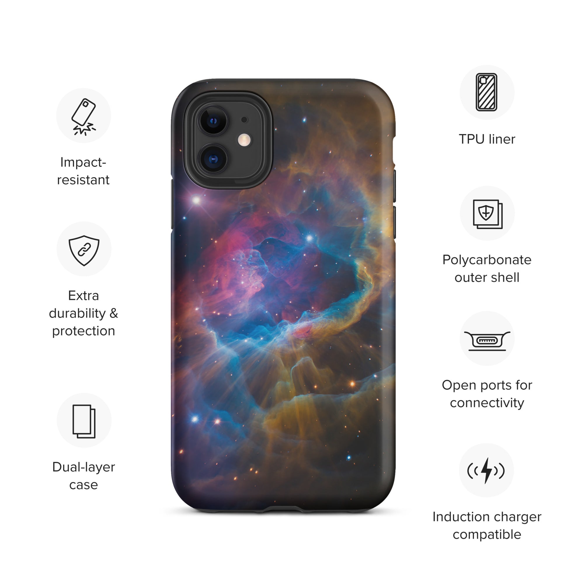 Phone Case featuring Nebula Cosmic Dreamscape design with swirling blue, orange, and pink starburst pattern, dual-layer protection.