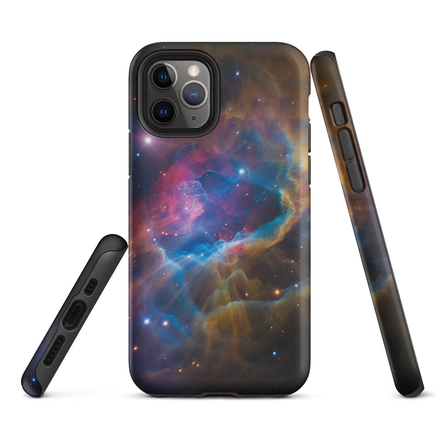Phone Case for iPhone featuring a nebula cosmic dreamscape with electric blues and fiery oranges, Starburst Edition