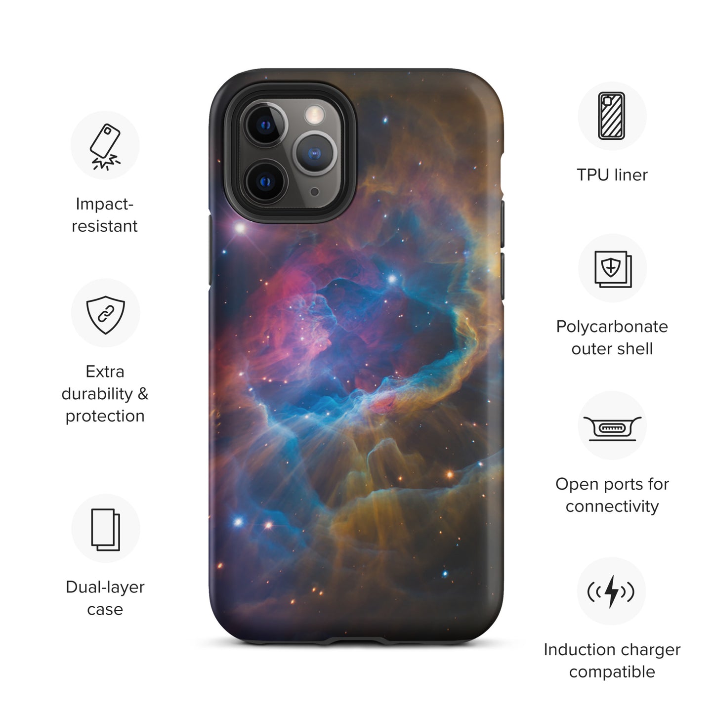 Phone Case for iPhone Nebula Cosmic Dreamscape with starburst design, showcasing durable protection and dual-layer impact resistance.
