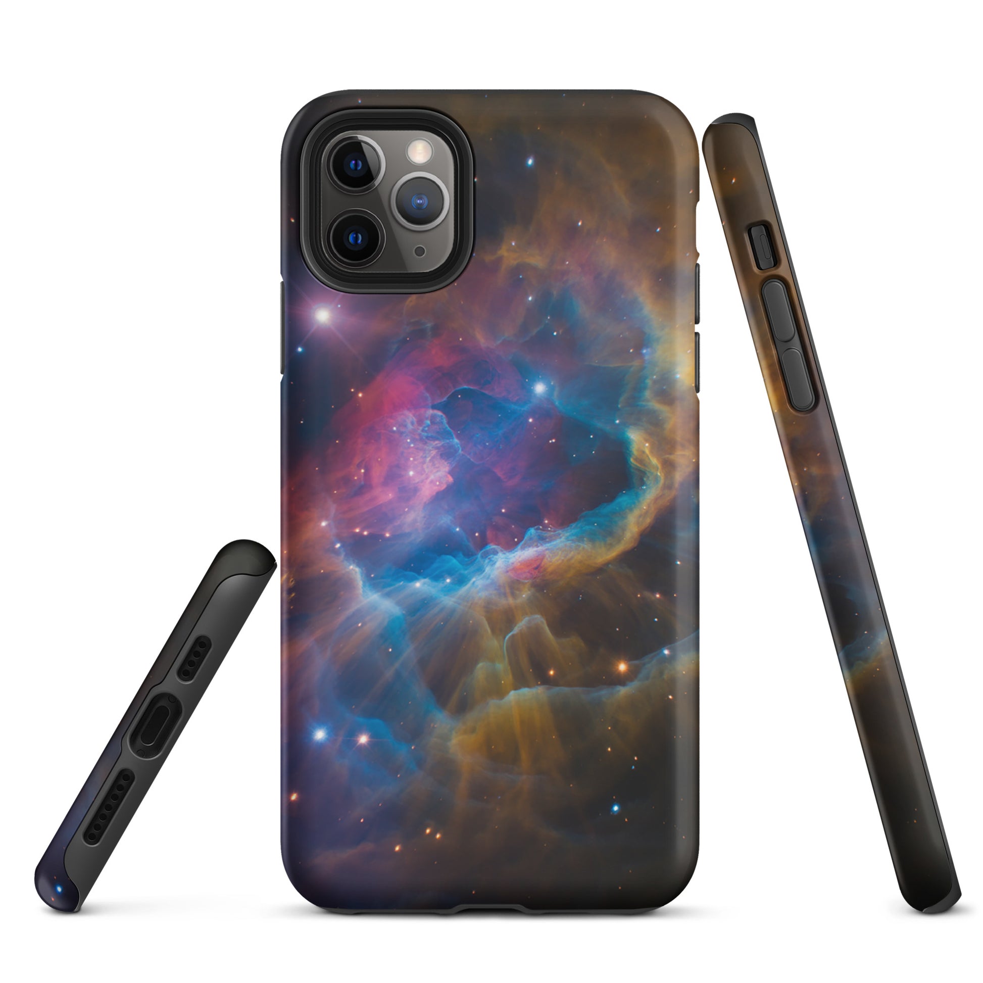 Phone Case for iPhone featuring Nebula Cosmic Dreamscape Starburst design with vibrant blues, oranges, and pinks.