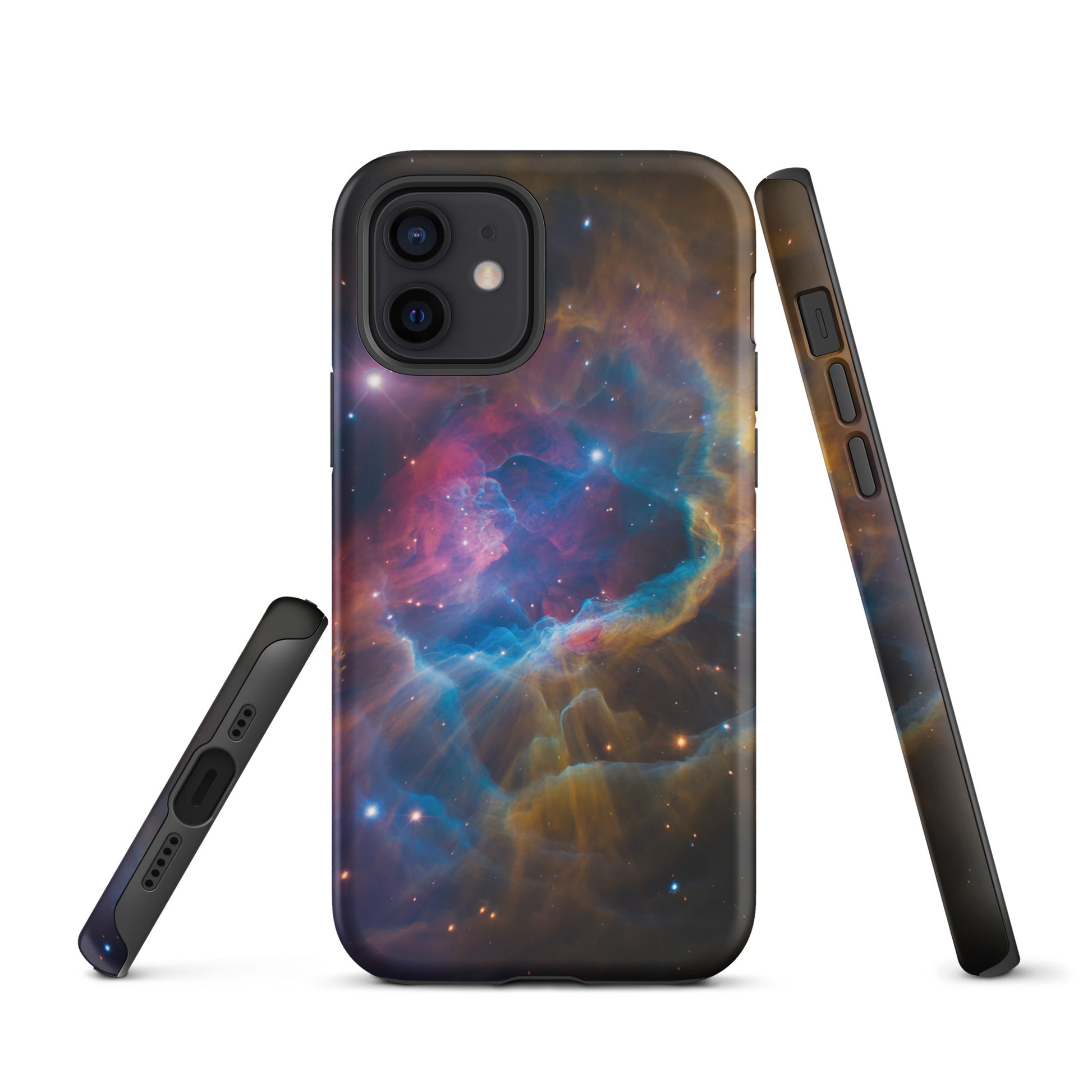 Phone Case for iPhone Nebula Cosmic Dreamscape Starburst Edition featuring colorful swirling nebula design with blues and oranges.