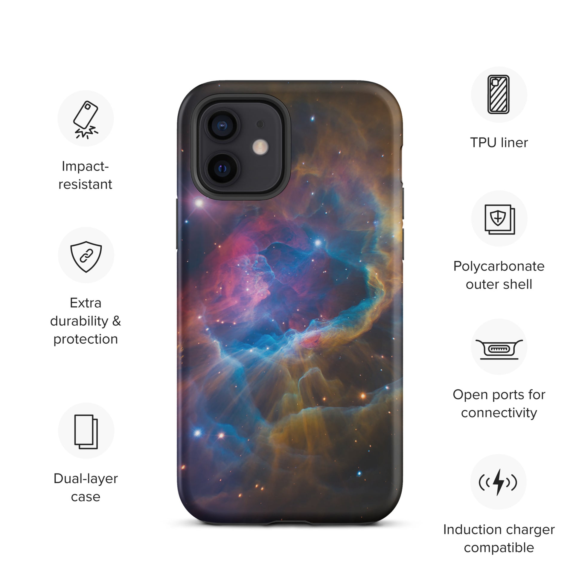 Phone Case for iPhone in Nebula Cosmic Dreamscape Starburst Edition showcasing durability and design features.