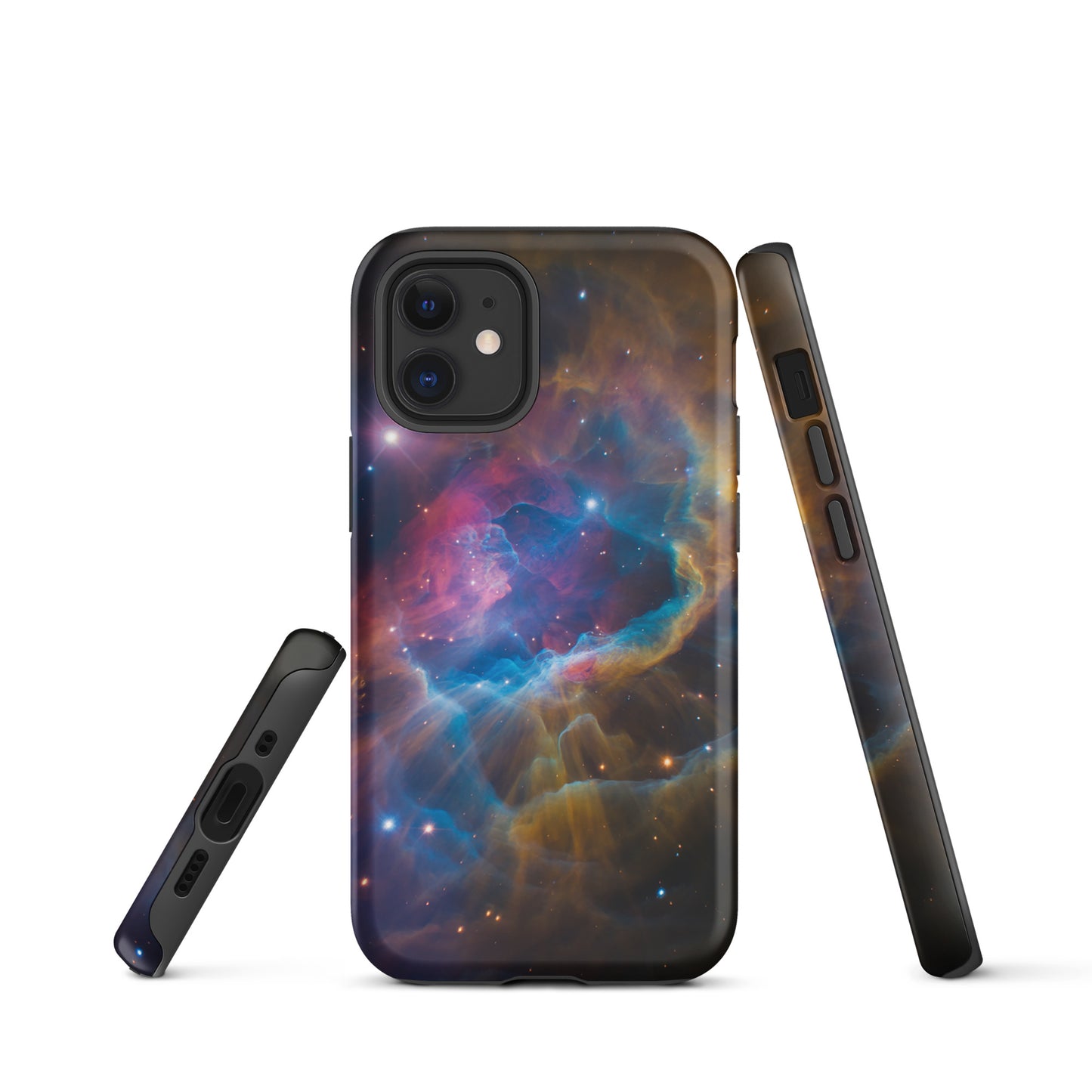 Phone Case for iPhone with Nebula Cosmic Dreamscape Starburst design in electric blues, fiery oranges, and dreamy pinks.