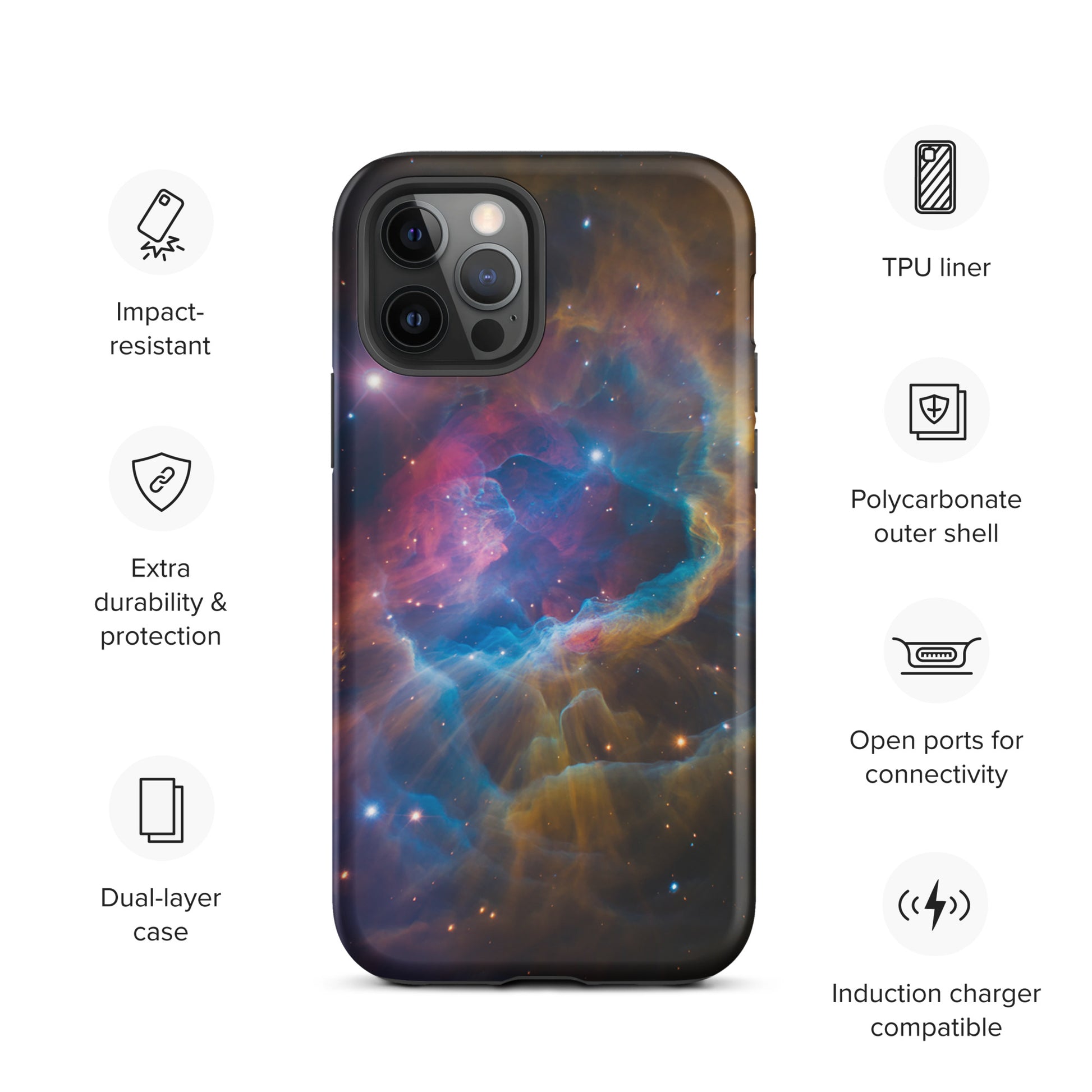 Phone Case for iPhone with nebula design featuring electric blues and fiery oranges, offering durability and stylish cosmic aesthetics.