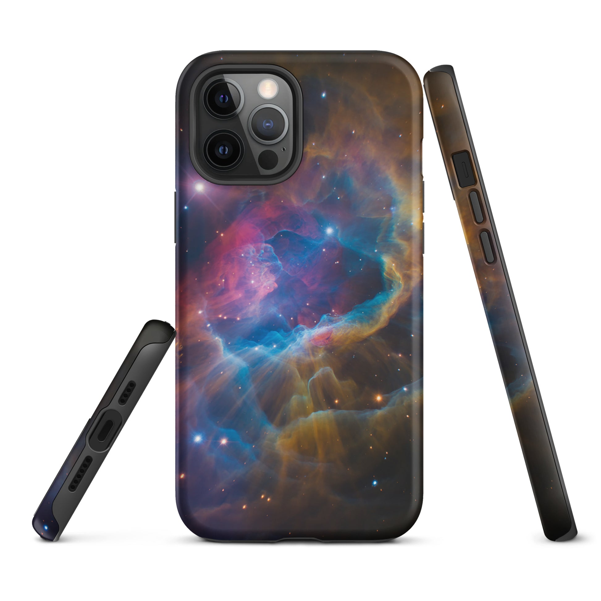 Phone Case for iPhone with Nebula Cosmic Dreamscape design featuring swirling blues, oranges, and pinks in galaxy starburst pattern.