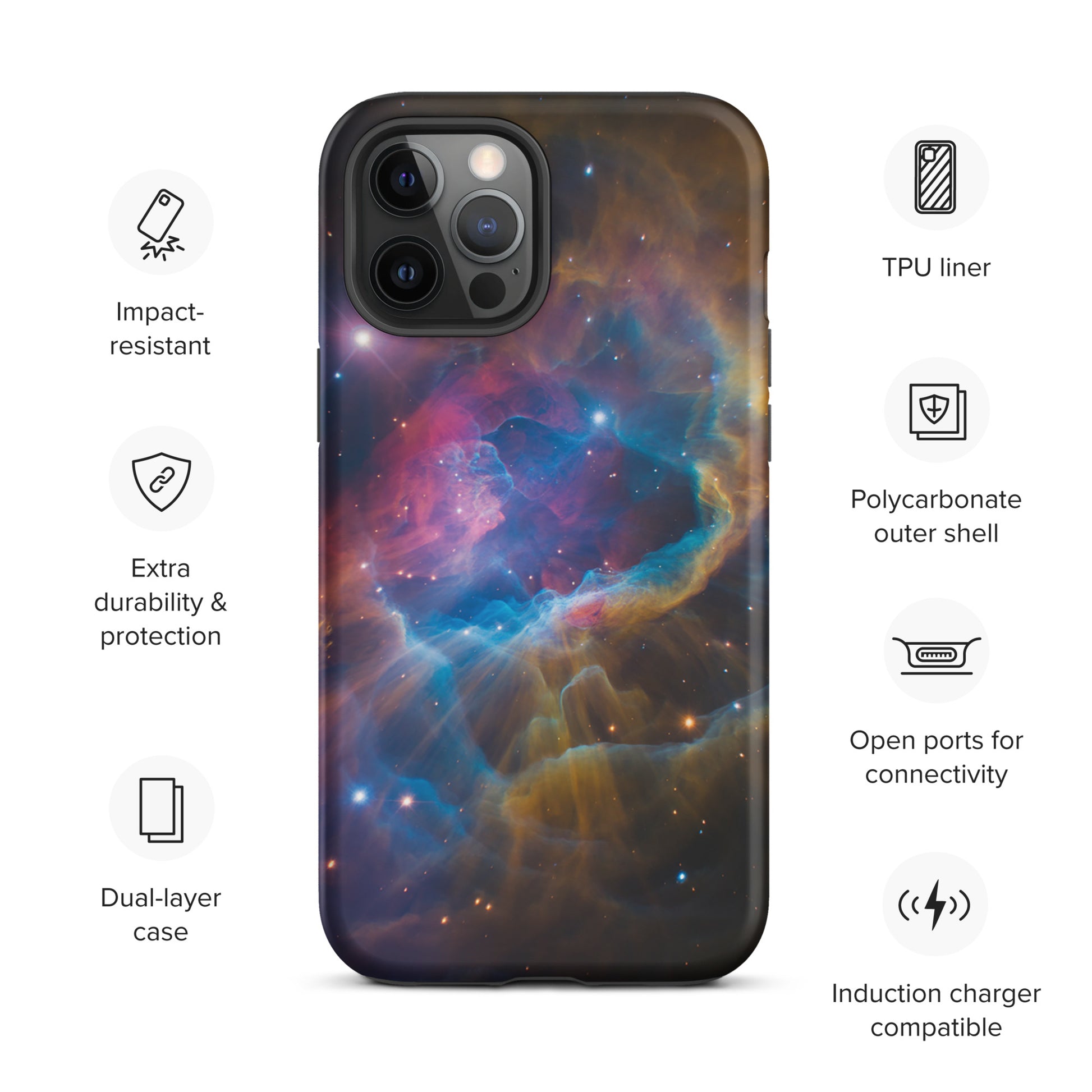 Nebula Cosmic Dreamscape Starburst Edition Phone Case for iPhone with electric blues and fiery oranges, impact-resistant and dual-layer protection.