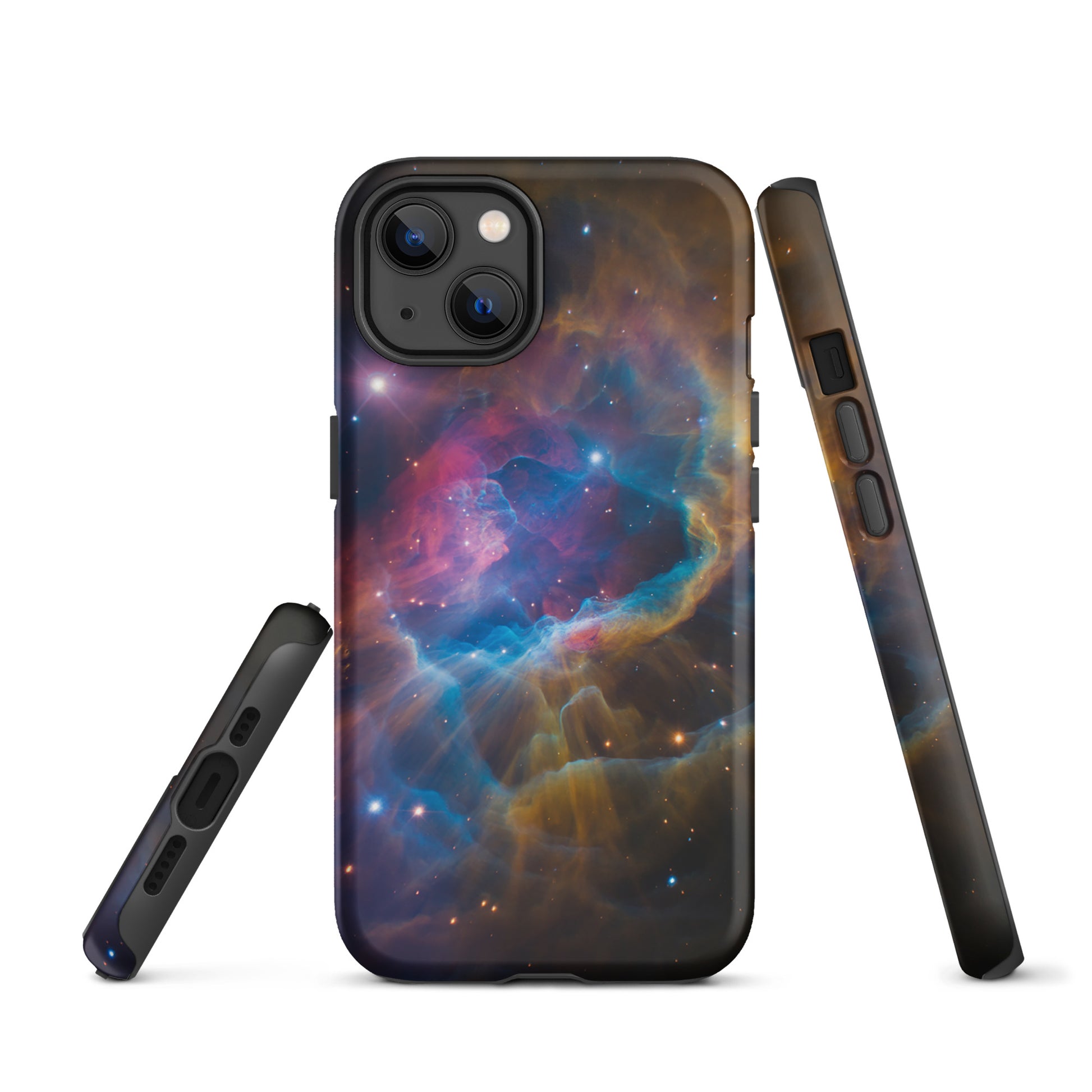 Phone Case for iPhone with nebula design featuring electric blues, fiery oranges, and dreamy pinks - Cosmic Starburst Edition