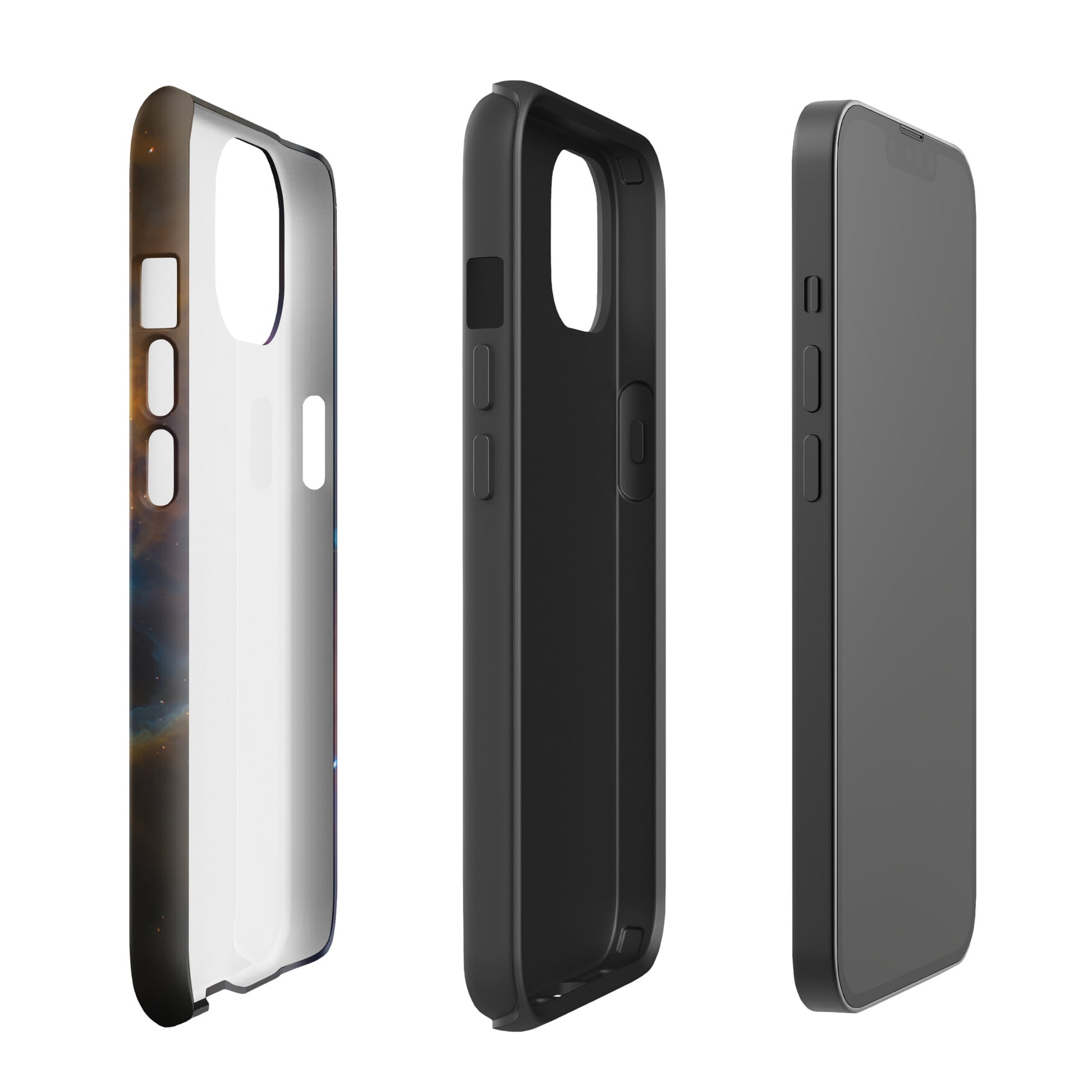 Phone Case for iPhone – Nebula Cosmic Dreamscape Starburst Edition showing side and back views in vibrant space design.