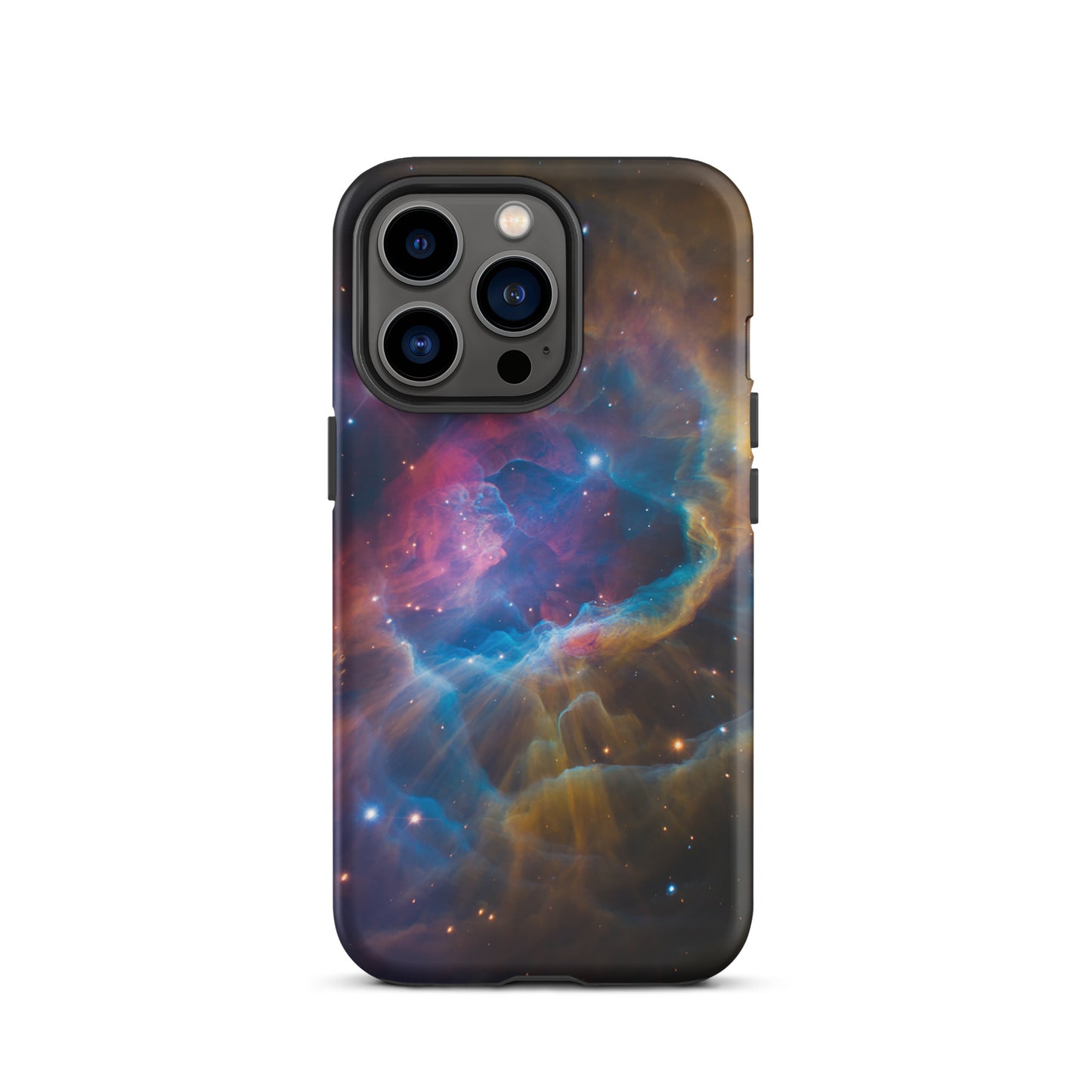 Nebula Cosmic Dreamscape Starburst Edition Phone Case for iPhone with swirling electric blues and fiery oranges design.