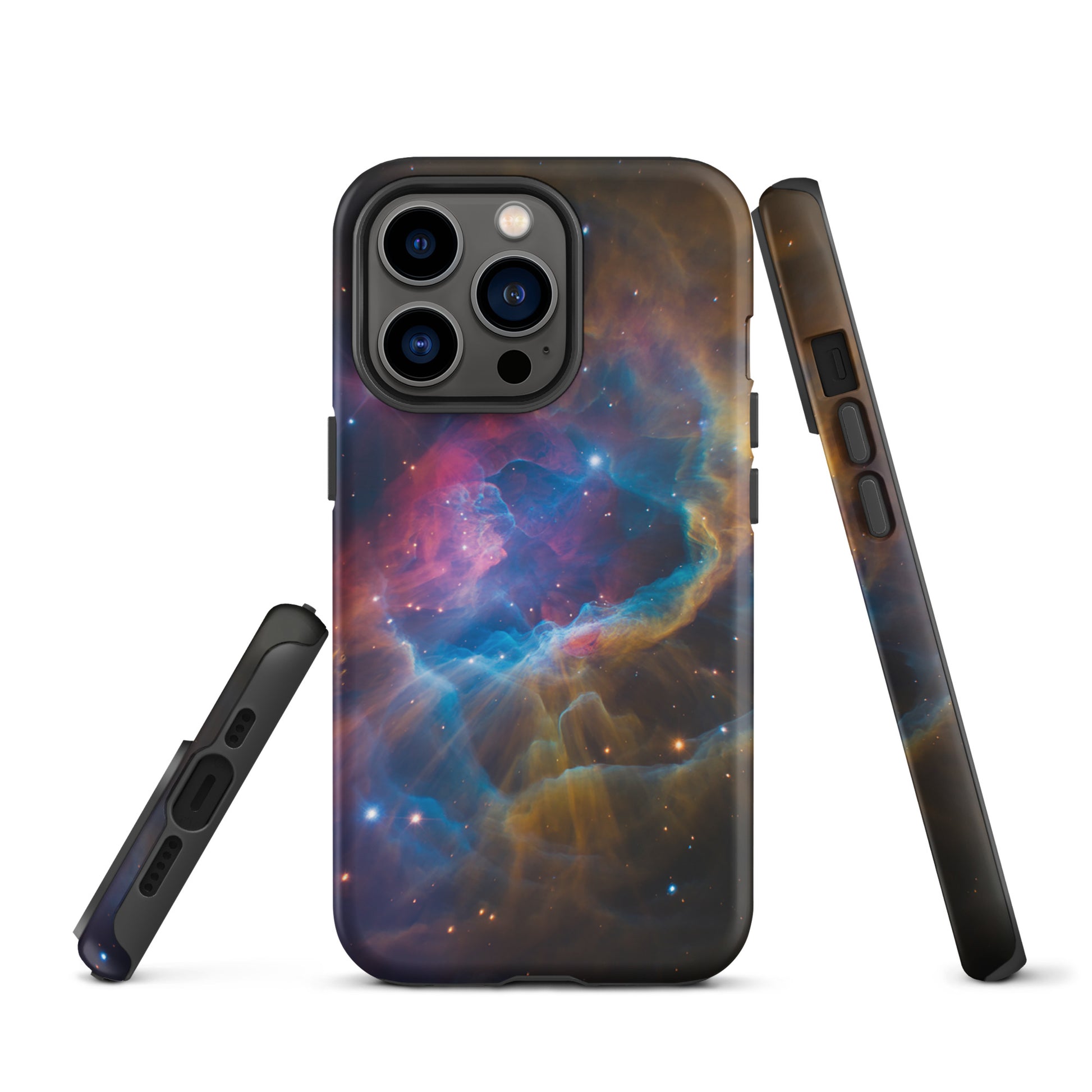 Phone Case with Nebula Cosmic Dreamscape design for iPhone showcasing swirling colors of blue, orange, and pink starburst.