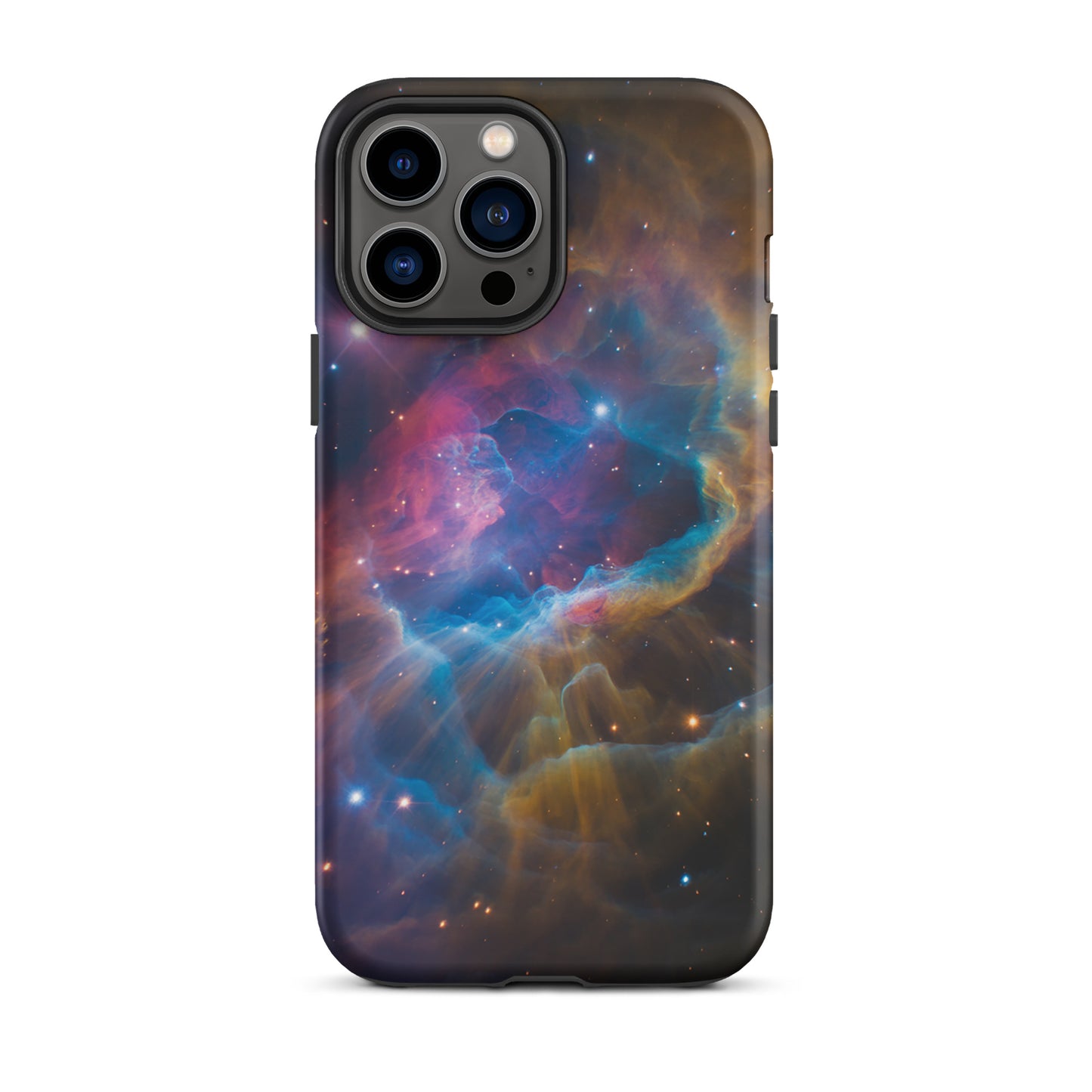 Phone Case for iPhone – Nebula Cosmic Dreamscape Starburst Edition featuring colorful swirling nebula design with electric blues and fiery oranges