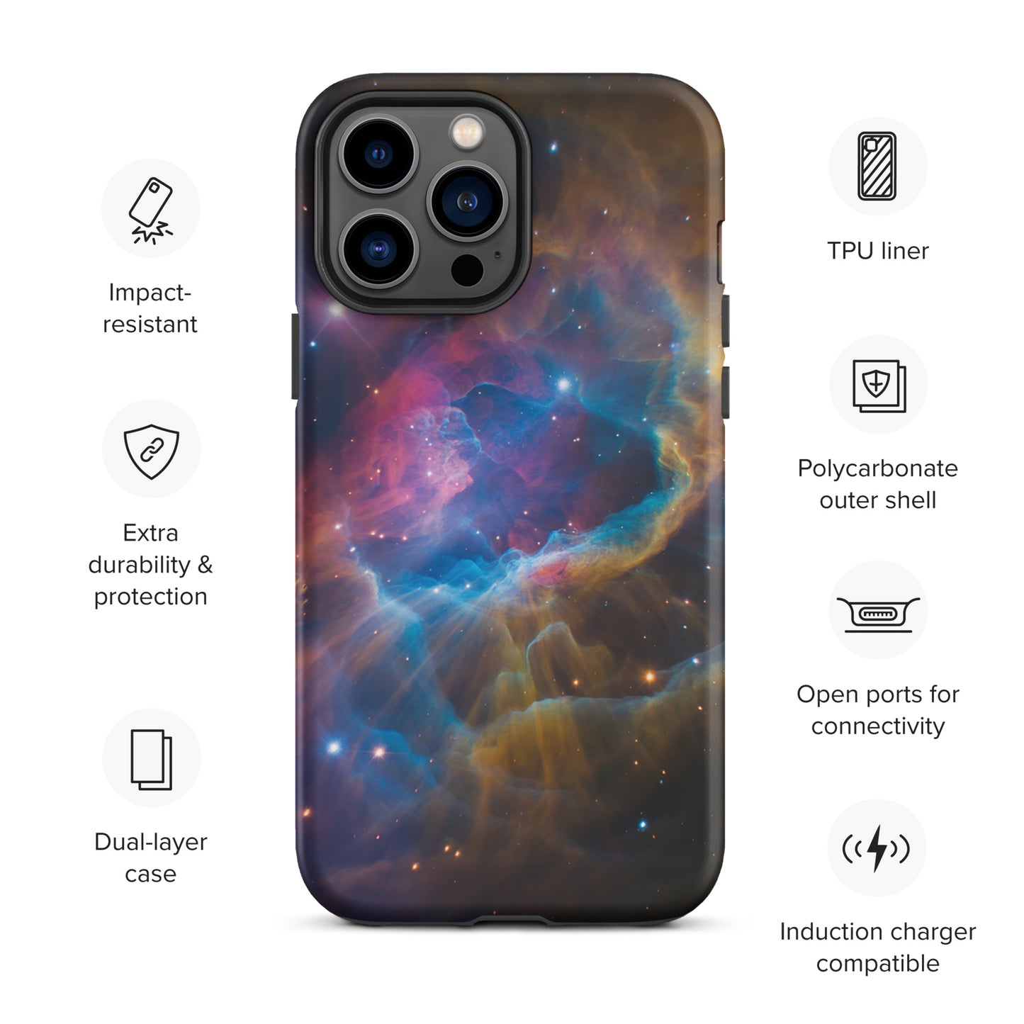Phone Case for iPhone featuring Nebula Cosmic Dreamscape design with electric blues, fiery oranges, and dreamy pinks, impact-resistant.