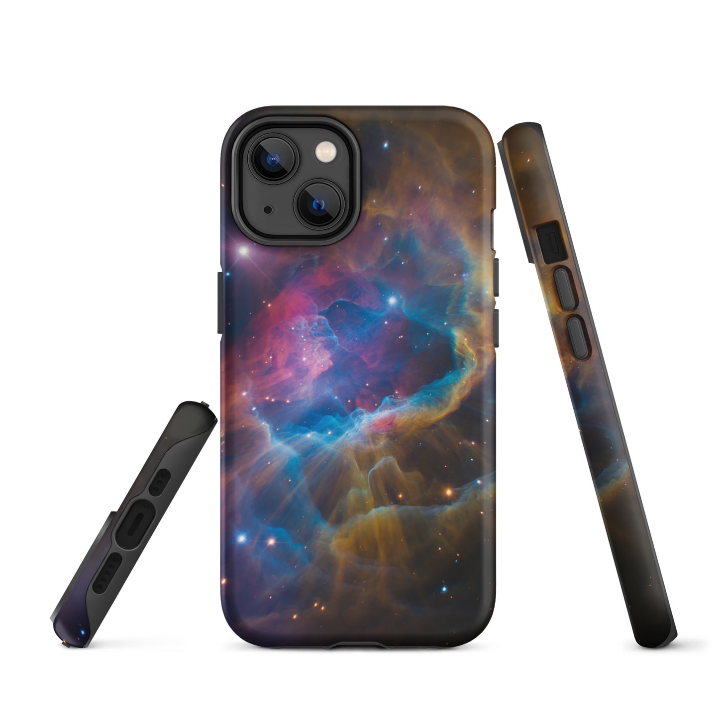 Phone Case for iPhone with nebula cosmic starburst design, featuring electric blues and fiery oranges on a slim, protective cover.