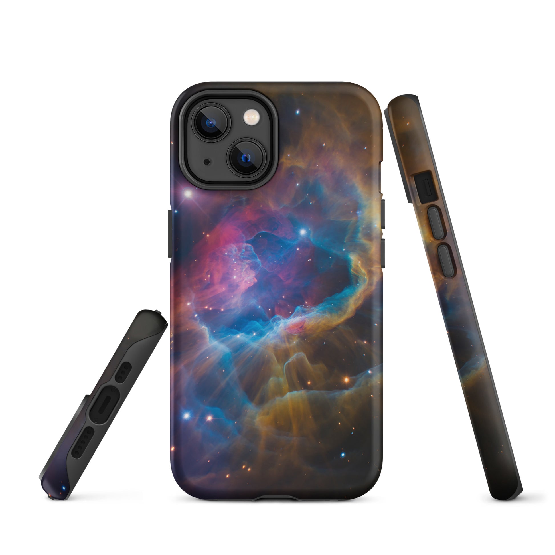 Phone Case for iPhone with nebula cosmic starburst design, featuring electric blues and fiery oranges on a slim, protective cover.