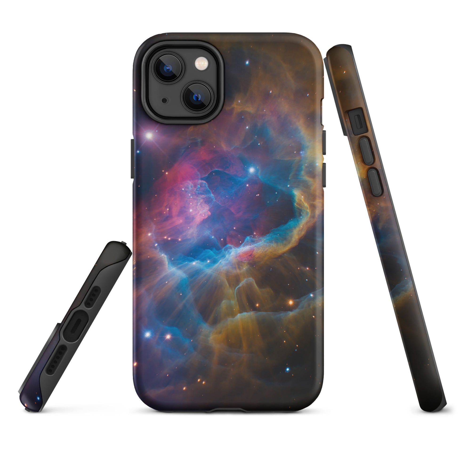 Phone Case for iPhone featuring cosmic nebula design with vibrant blues, oranges, and pinks, Nebula Cosmic Dreamscape Starburst Edition.
