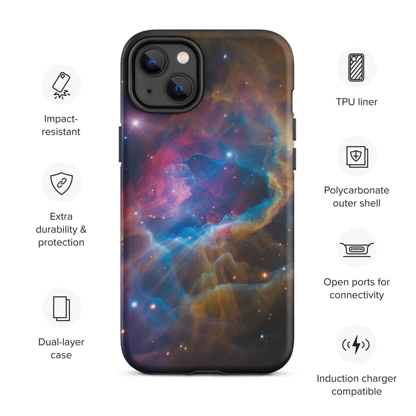 Phone Case for iPhone with Nebula Cosmic Dreamscape design, featuring swirling blues, oranges, and pinks. Impact-resistant, dual-layer protection.