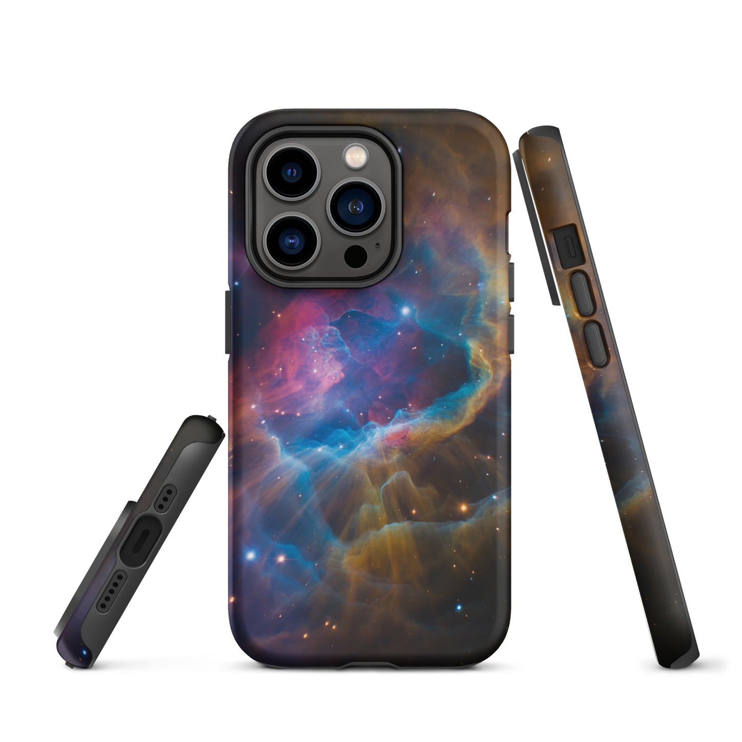 Phone Case for iPhone with nebula design in blue, orange, and pink hues, Nebula Cosmic Dreamscape Starburst Edition.
