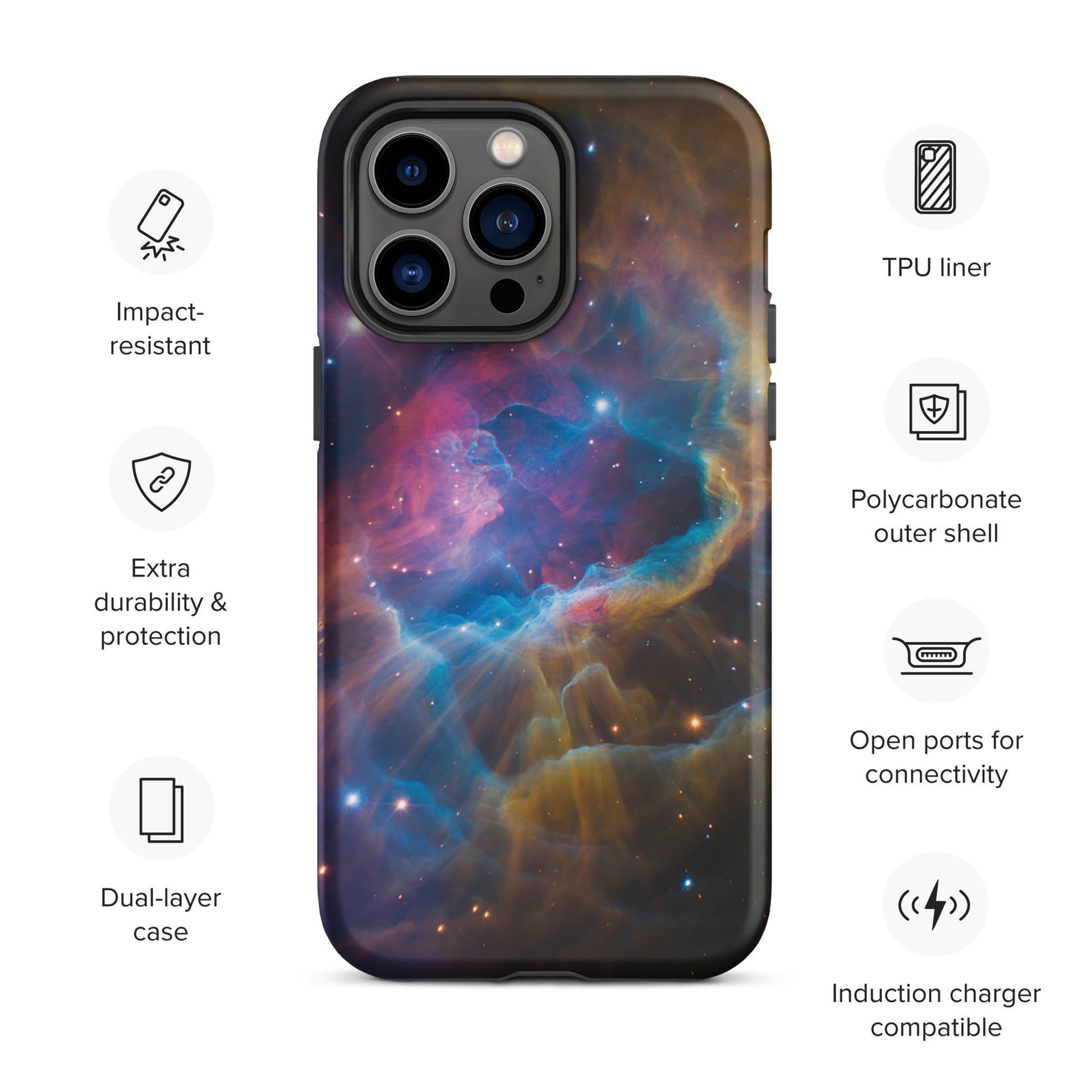 Phone Case for iPhone – Nebula Cosmic Dreamscape Starburst Edition with swirling nebula in blues and oranges, impact-resistant design