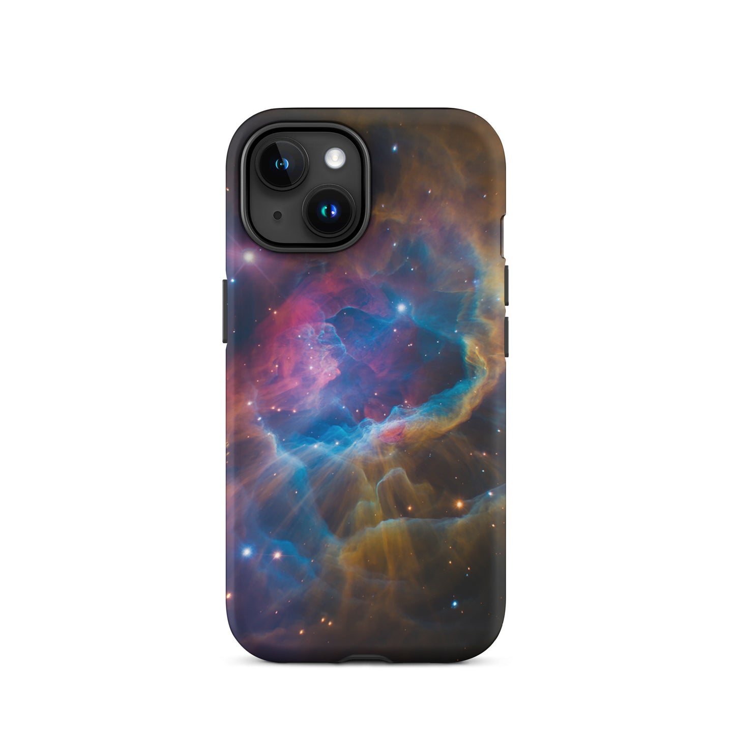Phone Case for iPhone with nebula cosmic design featuring electric blues and fiery oranges, Starburst Edition.