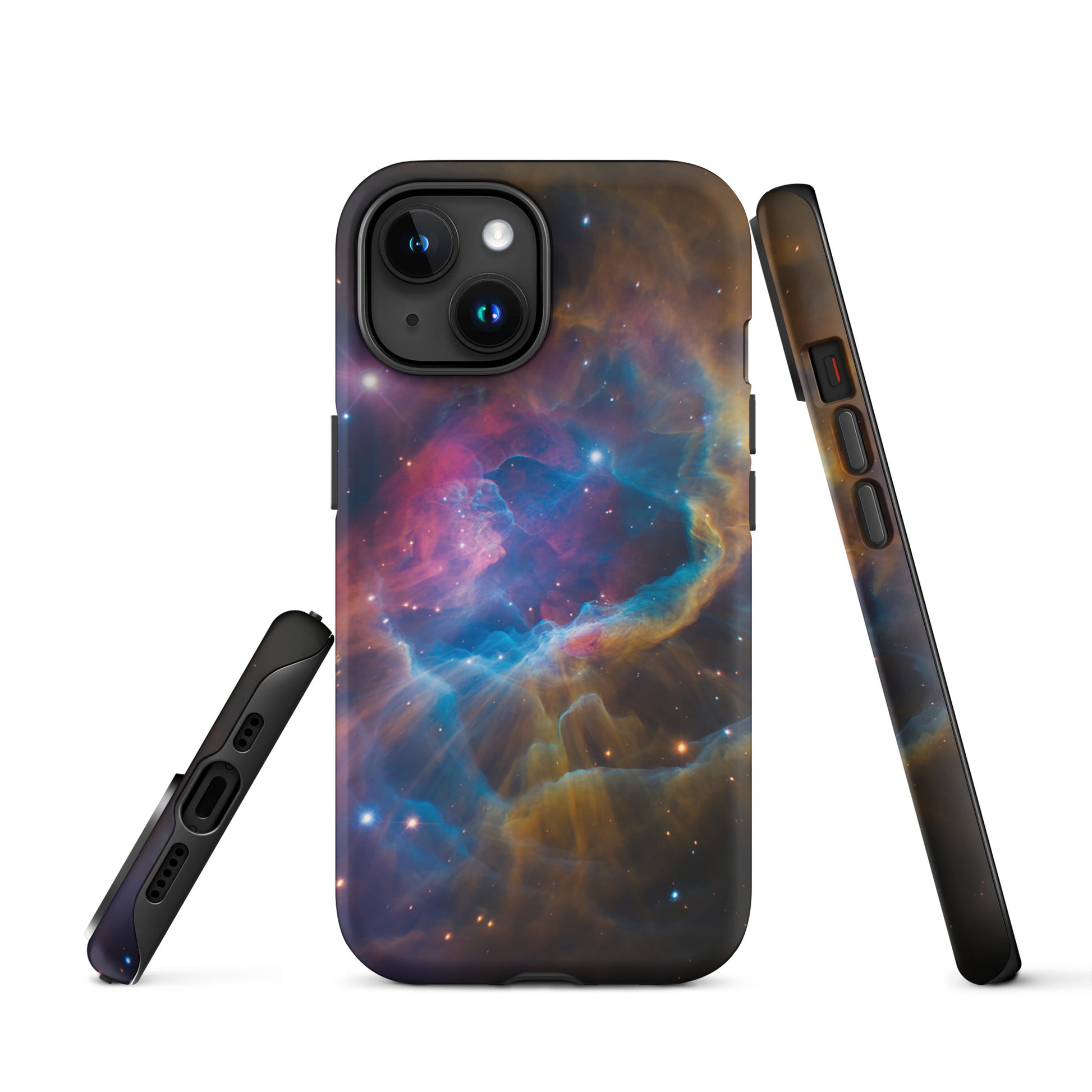 Phone Case for iPhone with Nebula Cosmic Dreamscape Starburst design featuring vibrant swirling blues, oranges, and pinks.