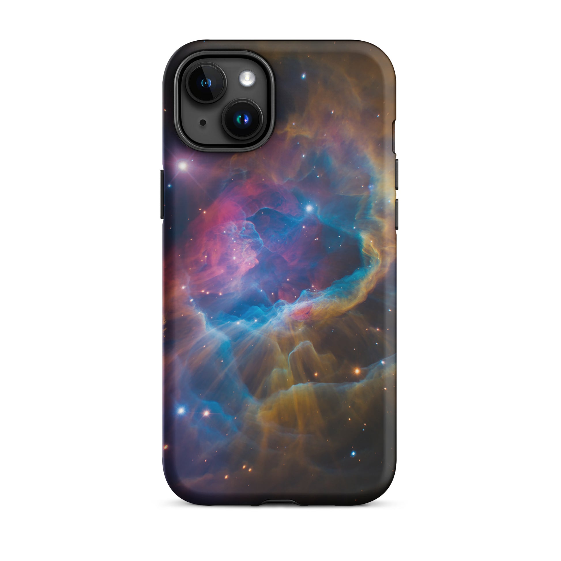 Phone Case for iPhone with nebula cosmic dreamscape design featuring electric blues, fiery oranges, and dreamy pinks starburst.