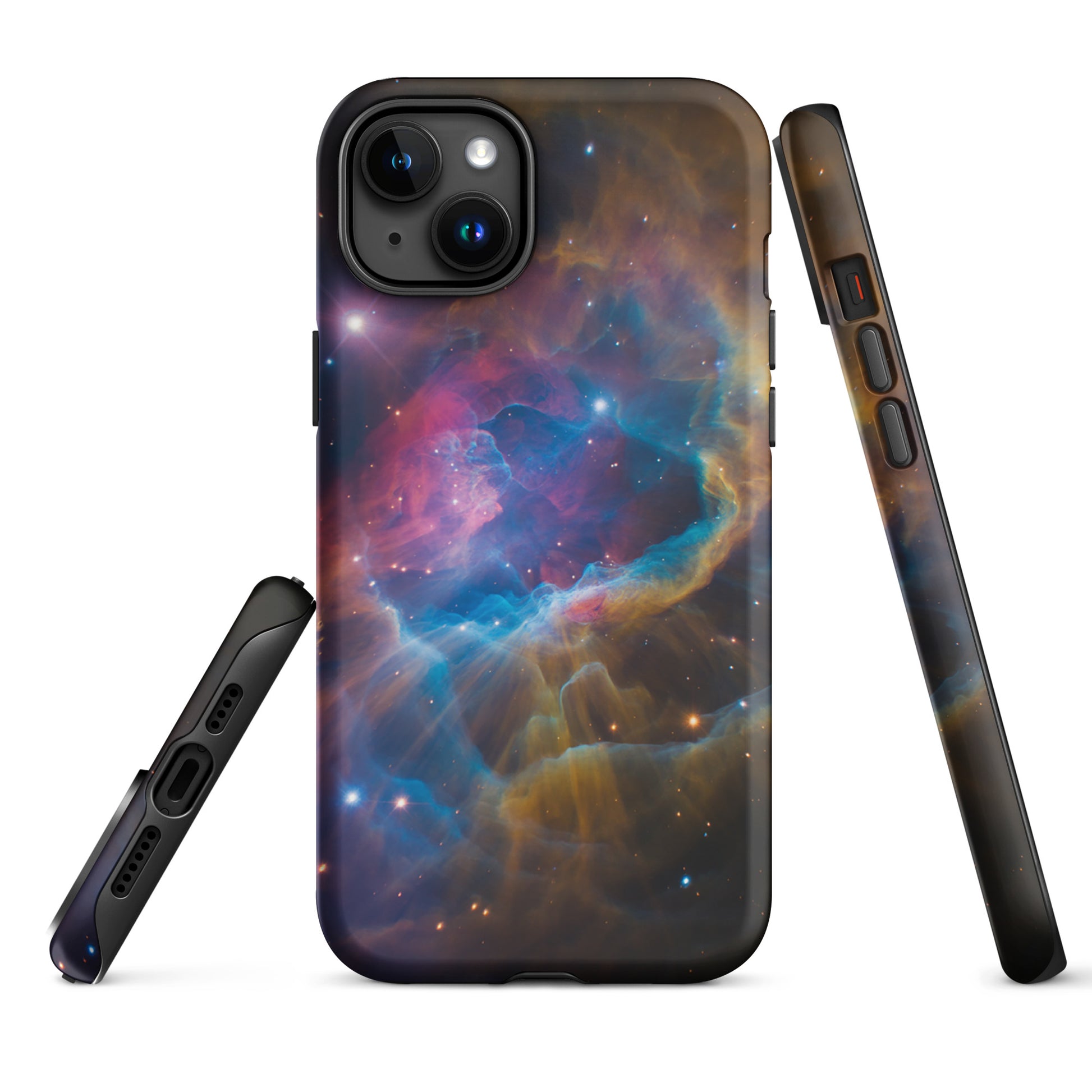 Phone Case for iPhone with nebula cosmic dreamscape design, featuring electric blues and fiery oranges in a starburst pattern.