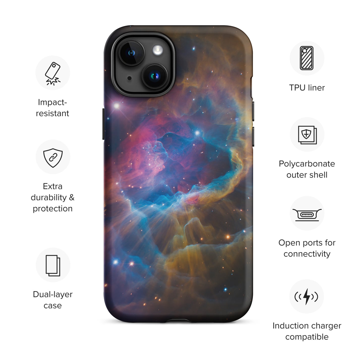 Phone Case for iPhone with Nebula Cosmic Dreamscape design, featuring electric blues, fiery oranges, and dreamy pinks, impact-resistant