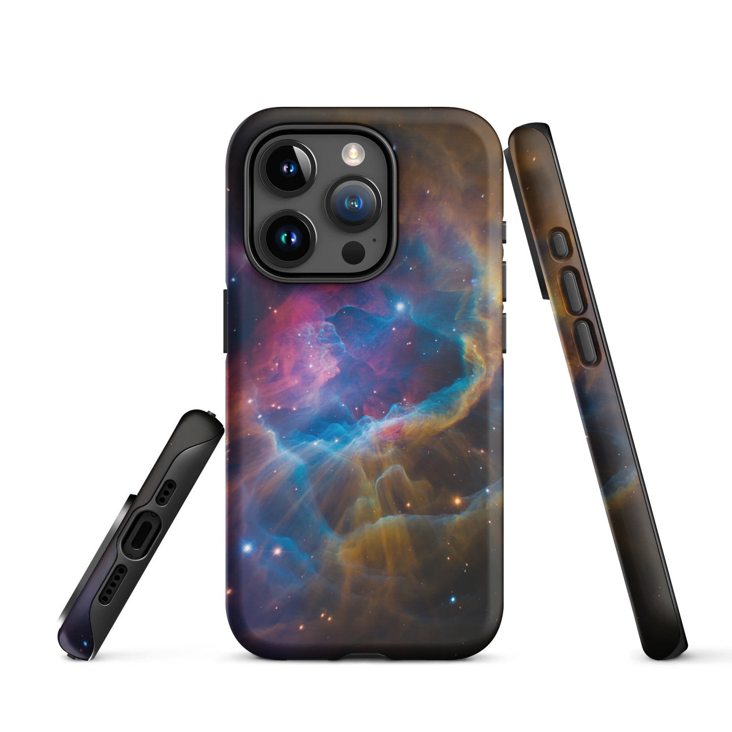 Phone Case for iPhone - Nebula Cosmic Dreamscape Starburst Edition with vibrant nebula design in blue, orange, and pink hues.