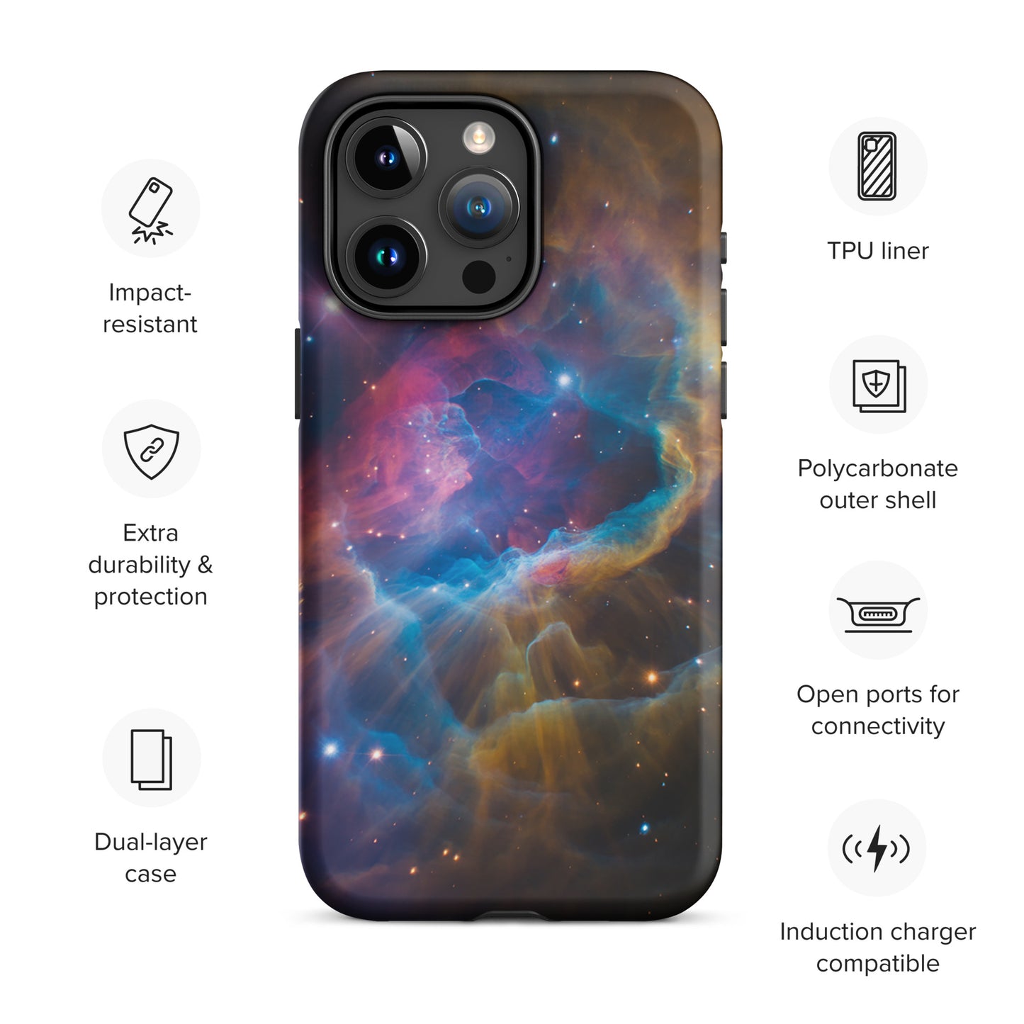 Phone Case for iPhone with nebula cosmic design, impact-resistant, dual-layer, compatible with induction chargers and open ports.