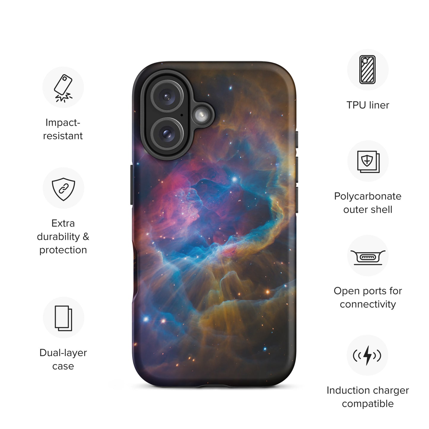 Phone Case for iPhone featuring Nebula Cosmic Dreamscape design with impact-resistant, extra durability, and induction charger compatibility.