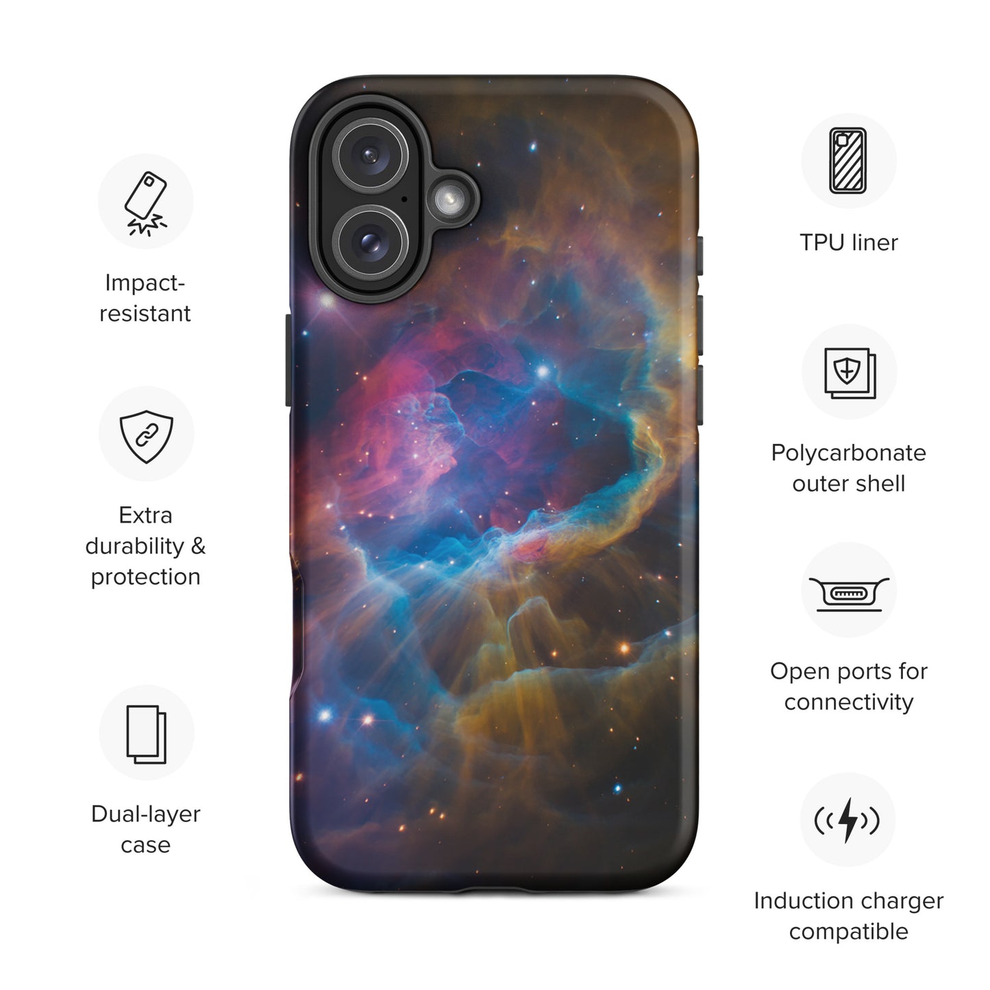 Phone Case for iPhone - Nebula Cosmic Dreamscape Starburst Edition showcasing a vibrant nebula design with impact-resistant features.