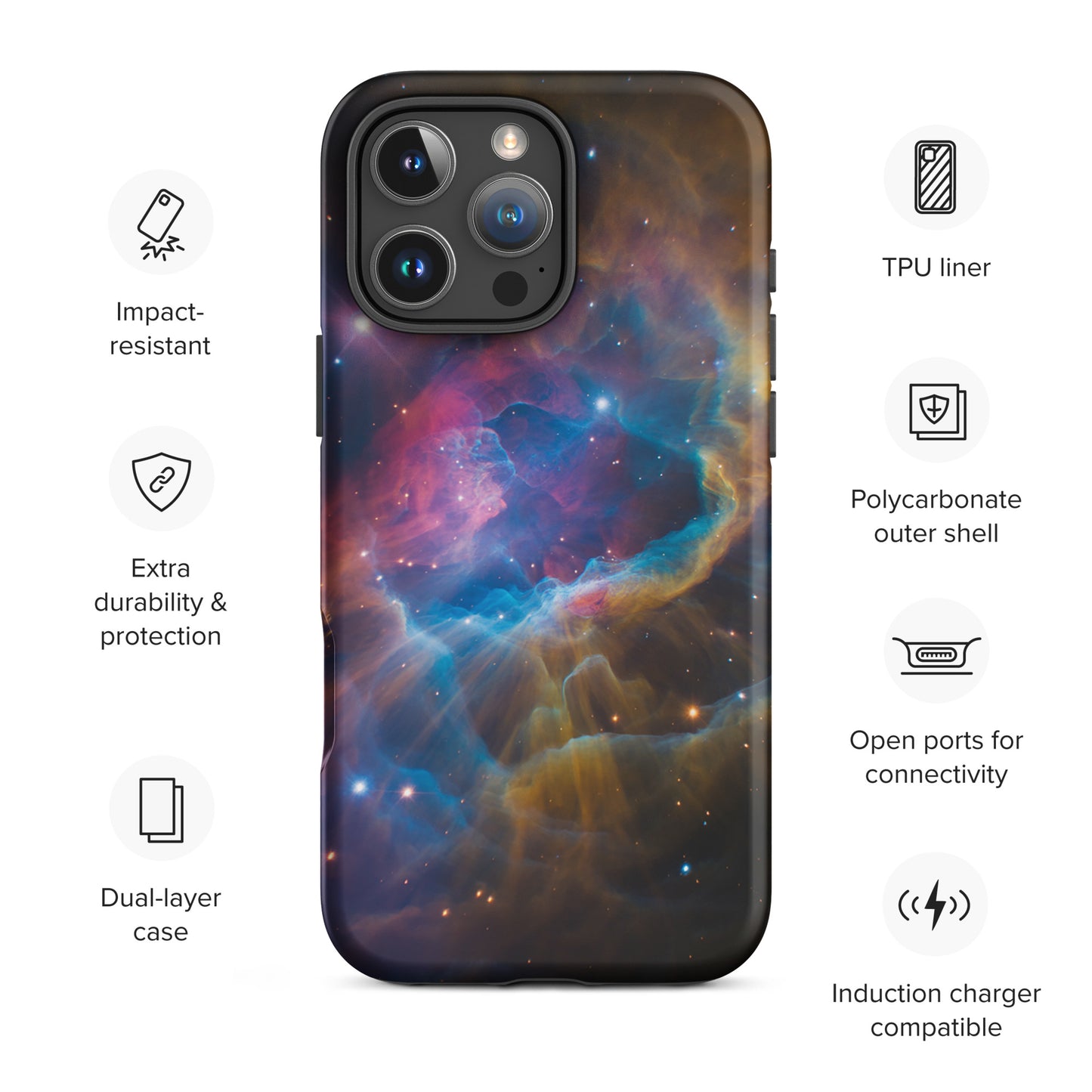 Phone Case for iPhone with Nebula Cosmic Design featuring vibrant electric blues and fiery oranges, impact-resistant polycarbonate shell.