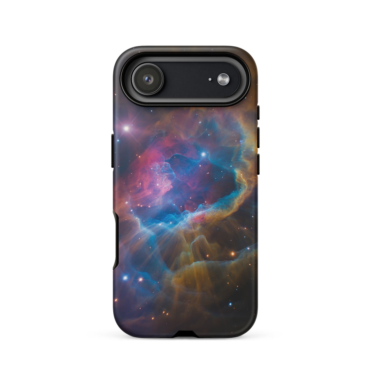 Phone Case for iPhone with Nebula Cosmic Dreamscape Starburst Edition design featuring a swirling nebula in blue, orange, and pink hues.