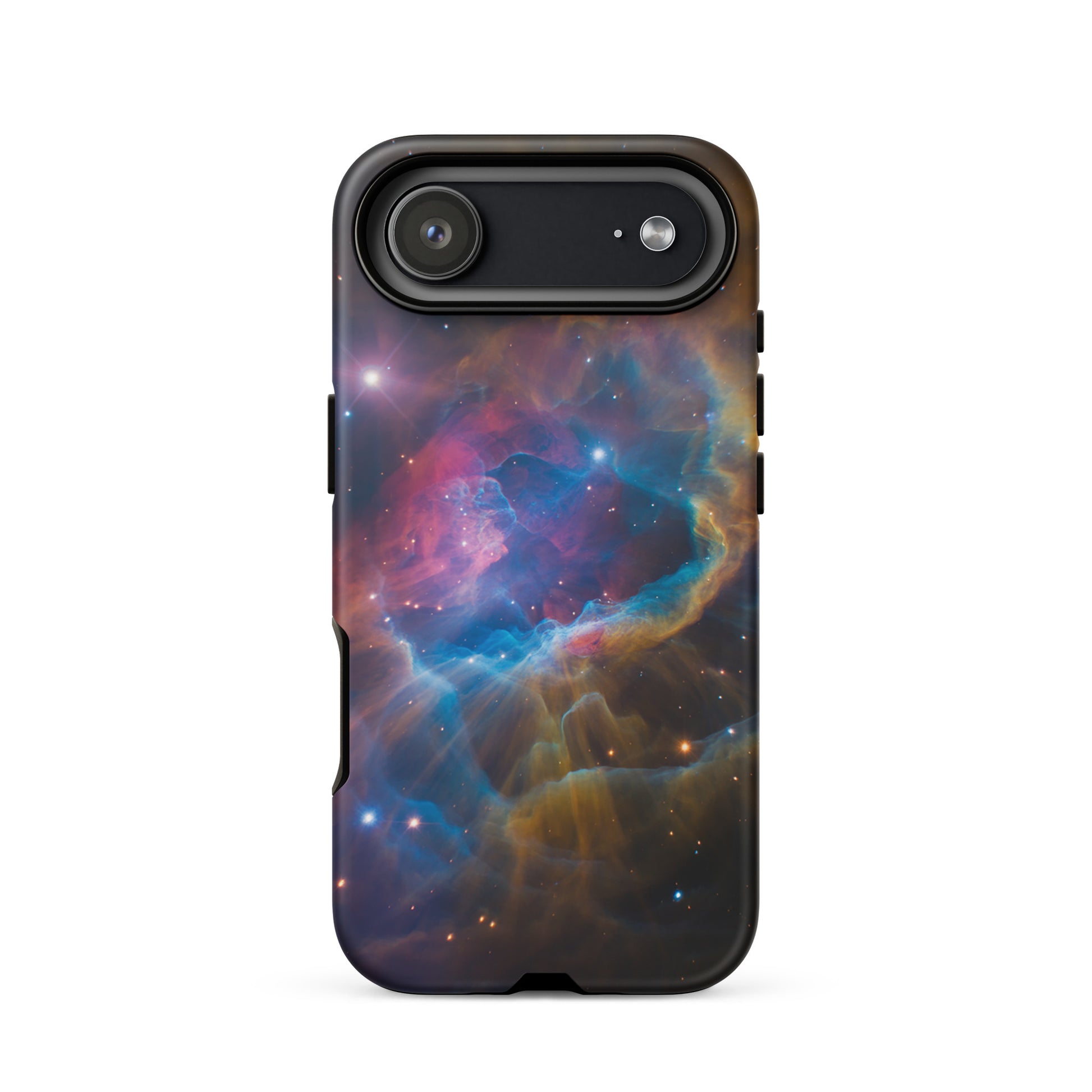 Phone Case for iPhone with Nebula Cosmic Dreamscape Starburst Edition design featuring a swirling nebula in blue, orange, and pink hues.