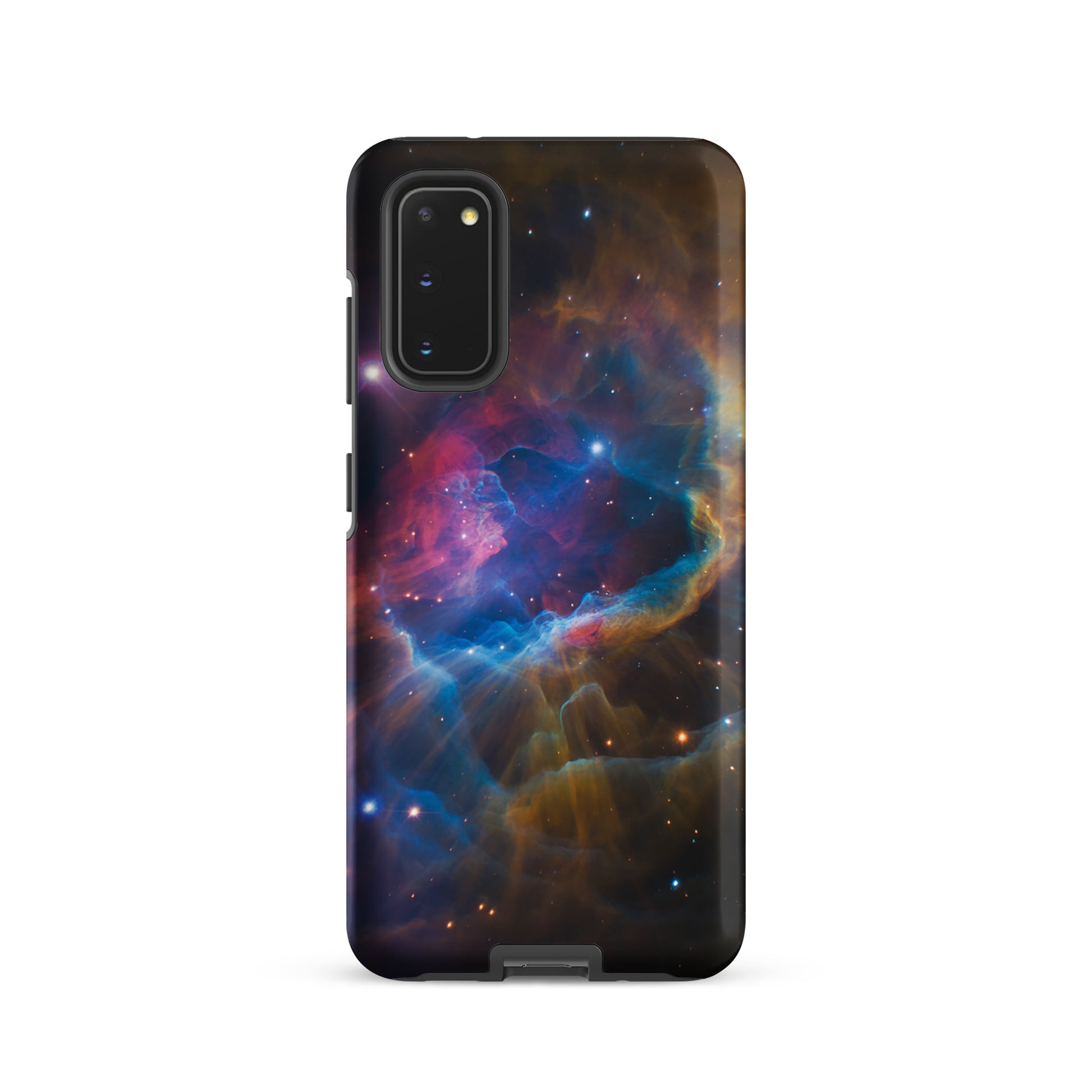 Phone Case for Samsung Galaxy featuring nebula cosmic starburst design in electric blue, fiery orange, and dreamy pink hues.