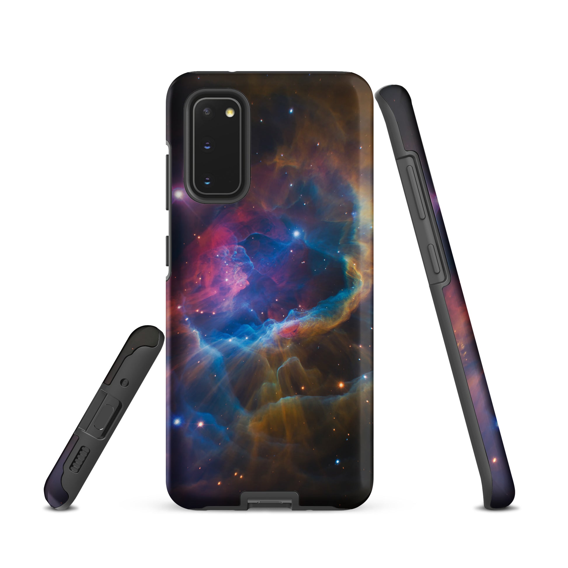 Phone Case for Samsung Galaxy with nebula design, featuring cosmic colors of electric blue and fiery orange, perfect space-themed accessory.