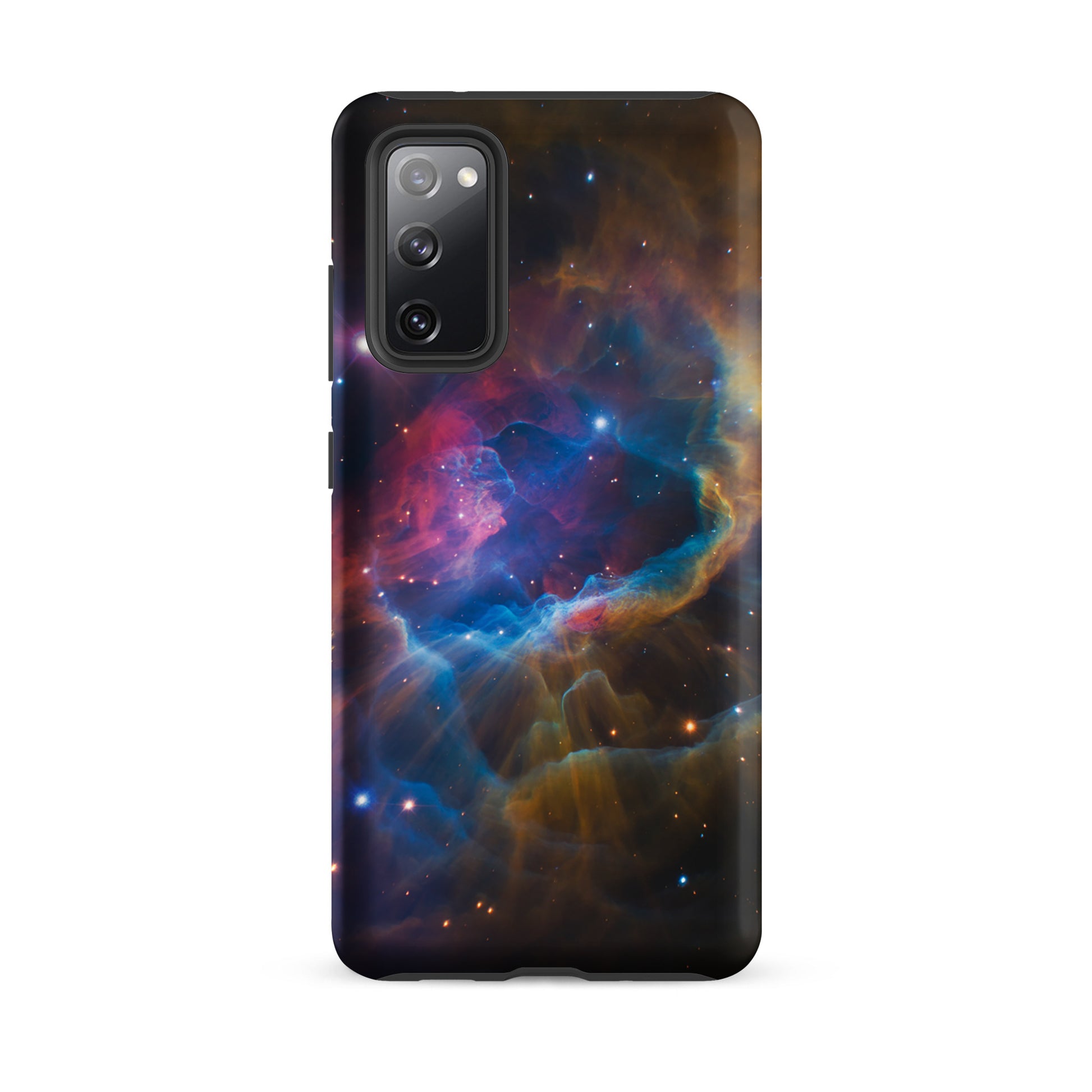 Phone Case for Samsung Galaxy with nebula cosmic design in blue, orange, and pink starburst pattern.