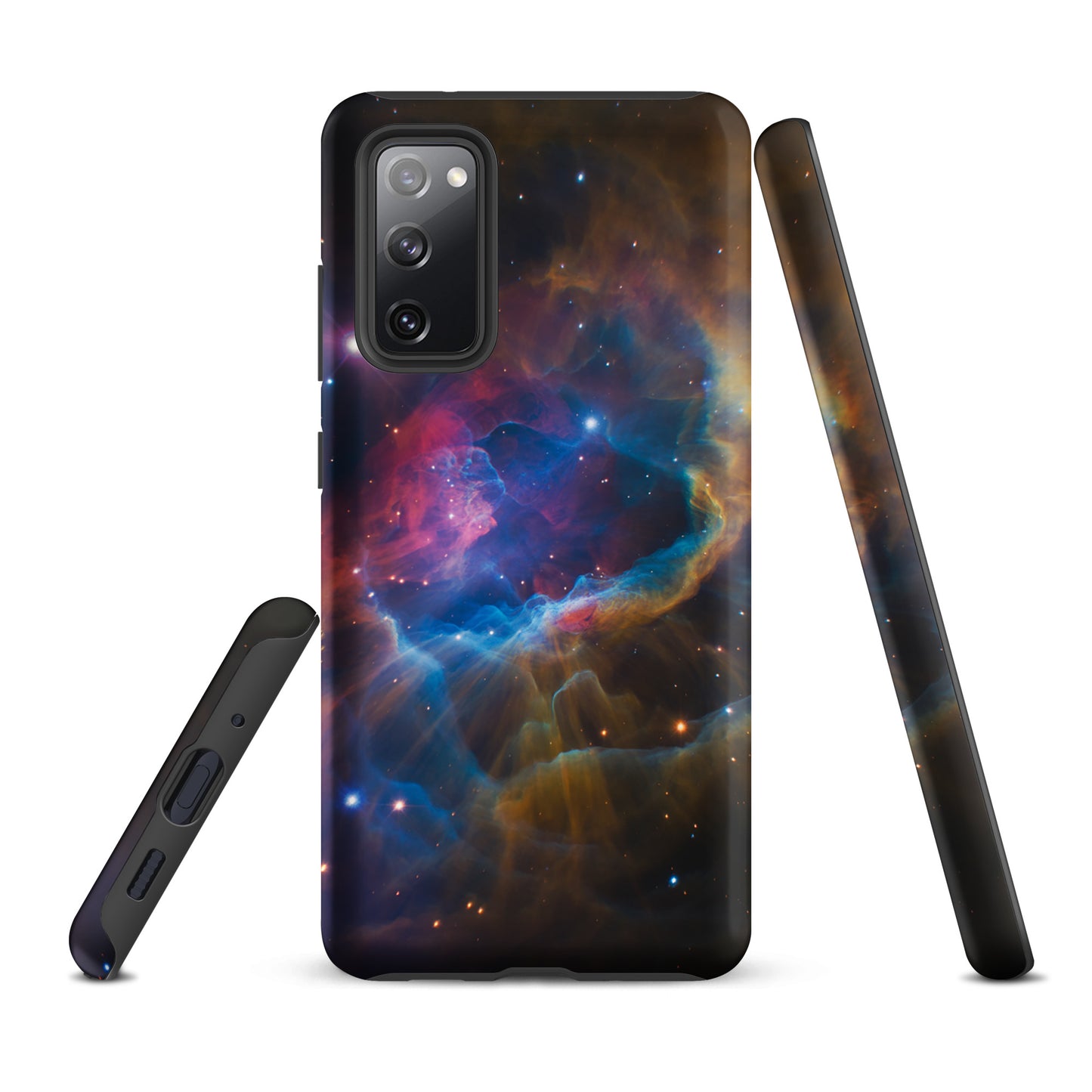 Phone Case for Samsung Galaxy with nebula design featuring electric blues and fiery oranges in a cosmic dreamscape starburst.